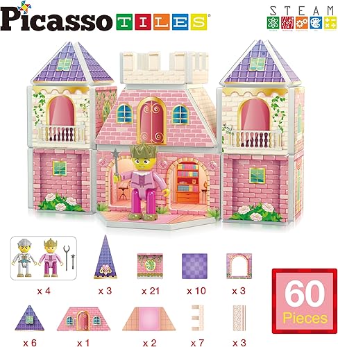 Miniatura 7 de PicassoTiles Juego de 60 piezas de bloques de construcción de azulejos con temática de castillo de princesa, 2 figuras de acción, juguete de
