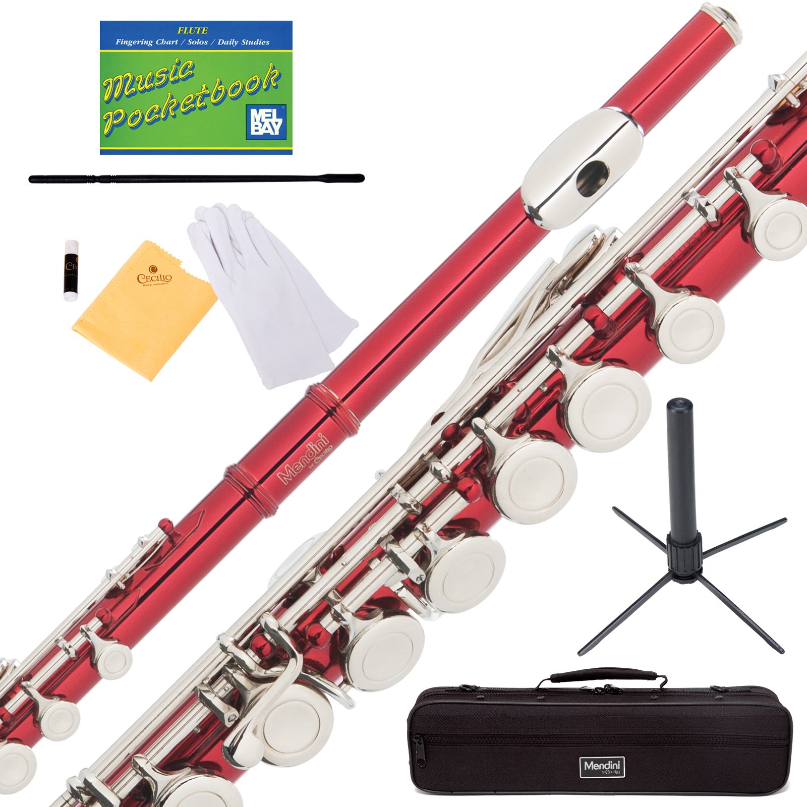 Mendini Closed Hole C Red Flute with Stand, 1 Year Warranty, Case, Cleaning Rod, Cloth, Joint Grease, and Gloves - MFE-RD+SD+PB