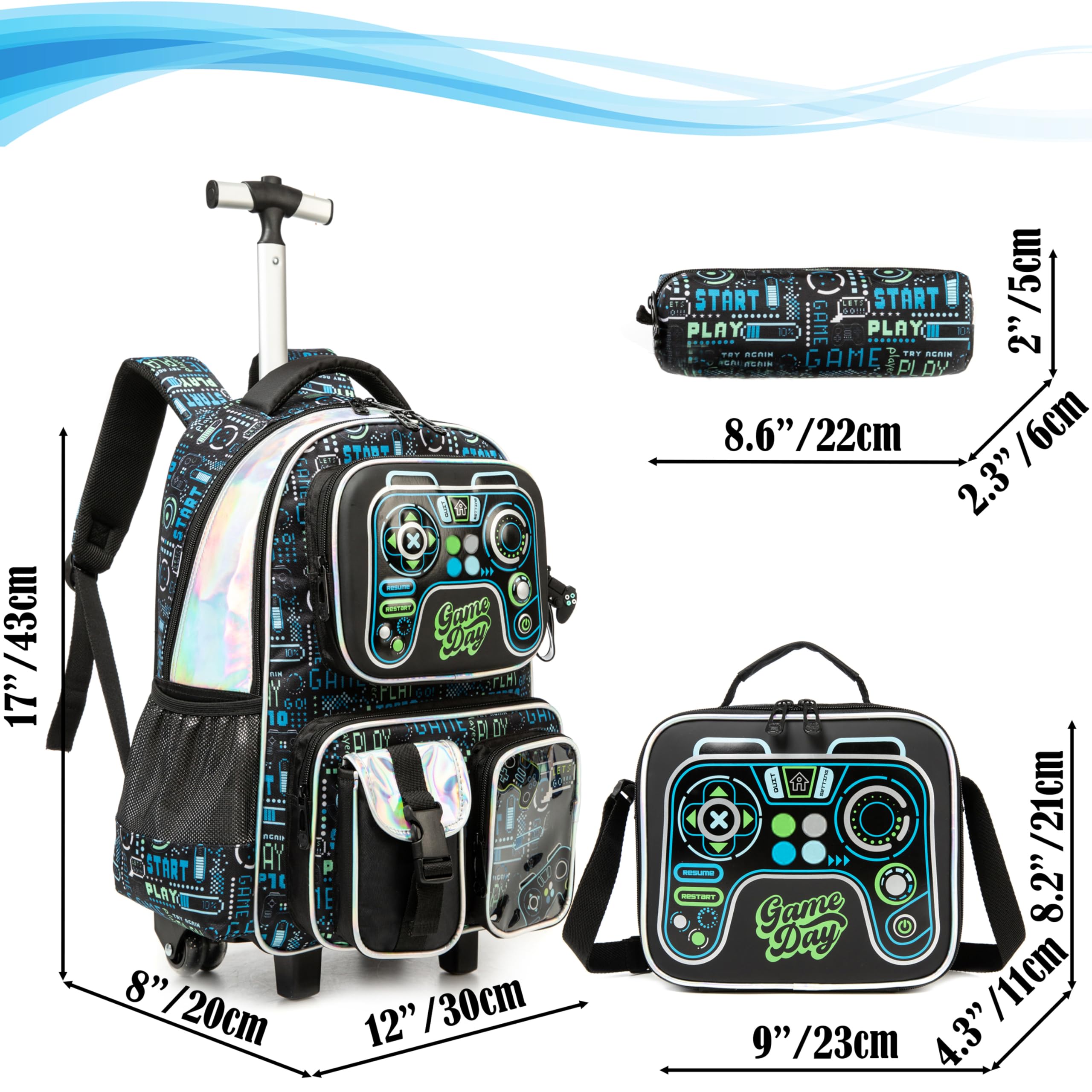 Kinder Rolling Rucksack für Jungen Gamepad Koffer Trolley Roller Gepäck Rucksäcke auf Rädern mit Lunch Box Pencil Case für die Grundschule Mehrere Funktion Taschen Travel school Bag Blau