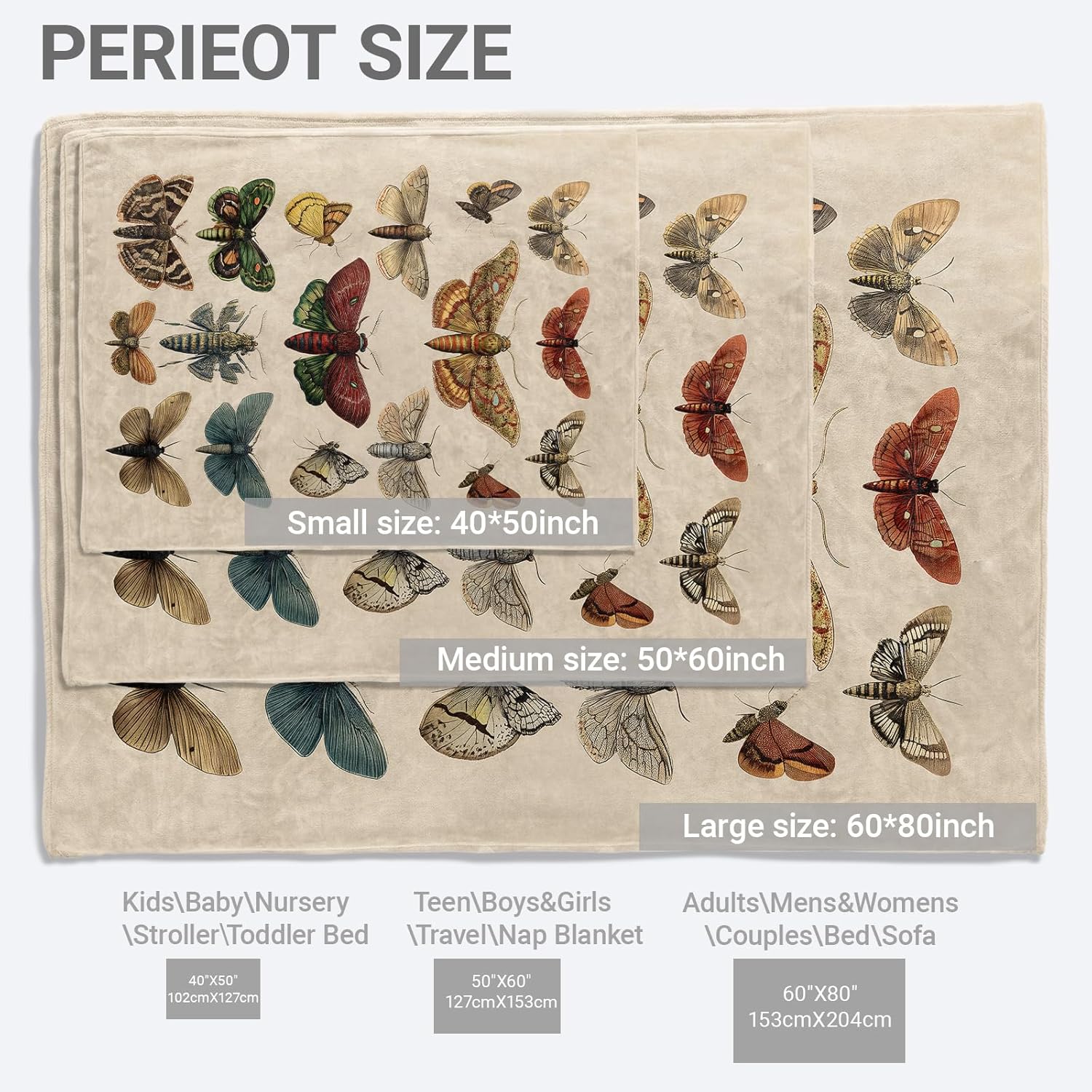 Vintage Butterfly and Moth Blanket,Retro Insect Illustration Fleece Blankets,Soft Warm Decorative Throw for Couch,Bedroom,Travel,Camping,Practical Throws Gifts for Kids Adults,60X80 Inch