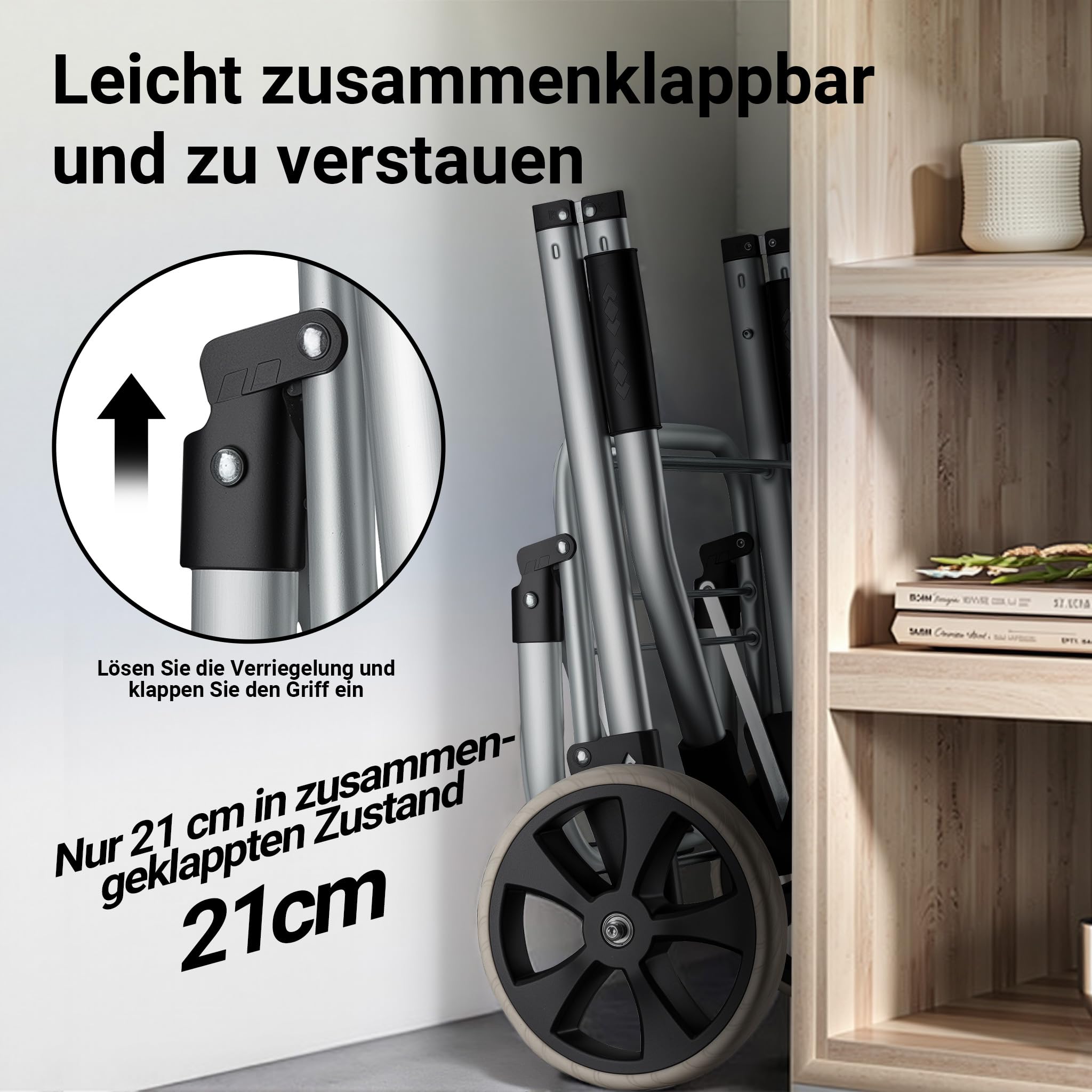 Wiltec Einkaufstrolley klappbar 36,5 x 44 x 103 cm bis 40 kg, Hackenporsche mit Zwei Rädern, Faltbarer Trolly Einkaufswagen mit Handgriff, Shopping Trolley mit großer Einkaufstasche