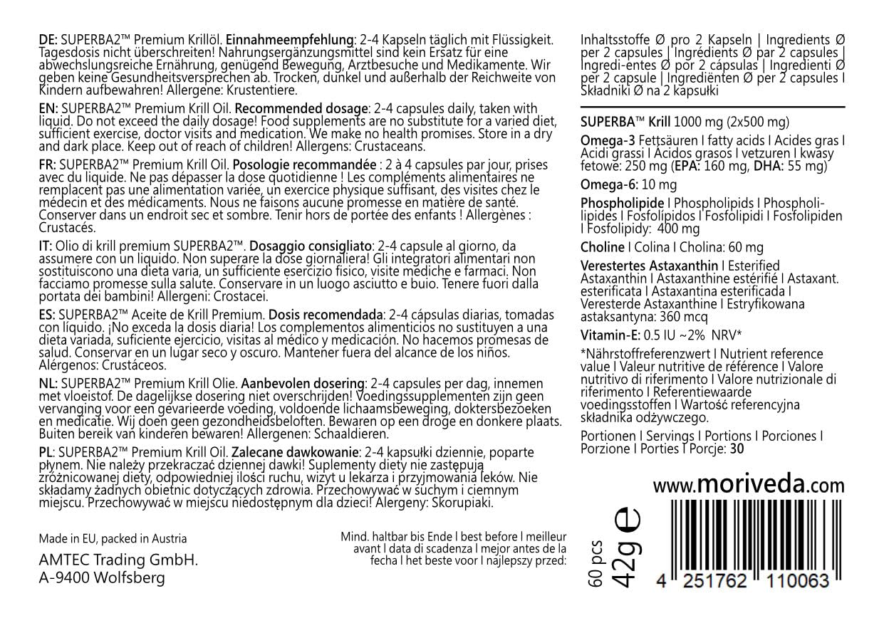 MoriVeda Superba Premium Krillöl, Softgel Caps, mit revolutionärem Omega 3 Öl, verestertem Astaxanthin, Antioxidantien und Vitaminen, MSC-zertifiziert & nachhaltig, 180 Stück
