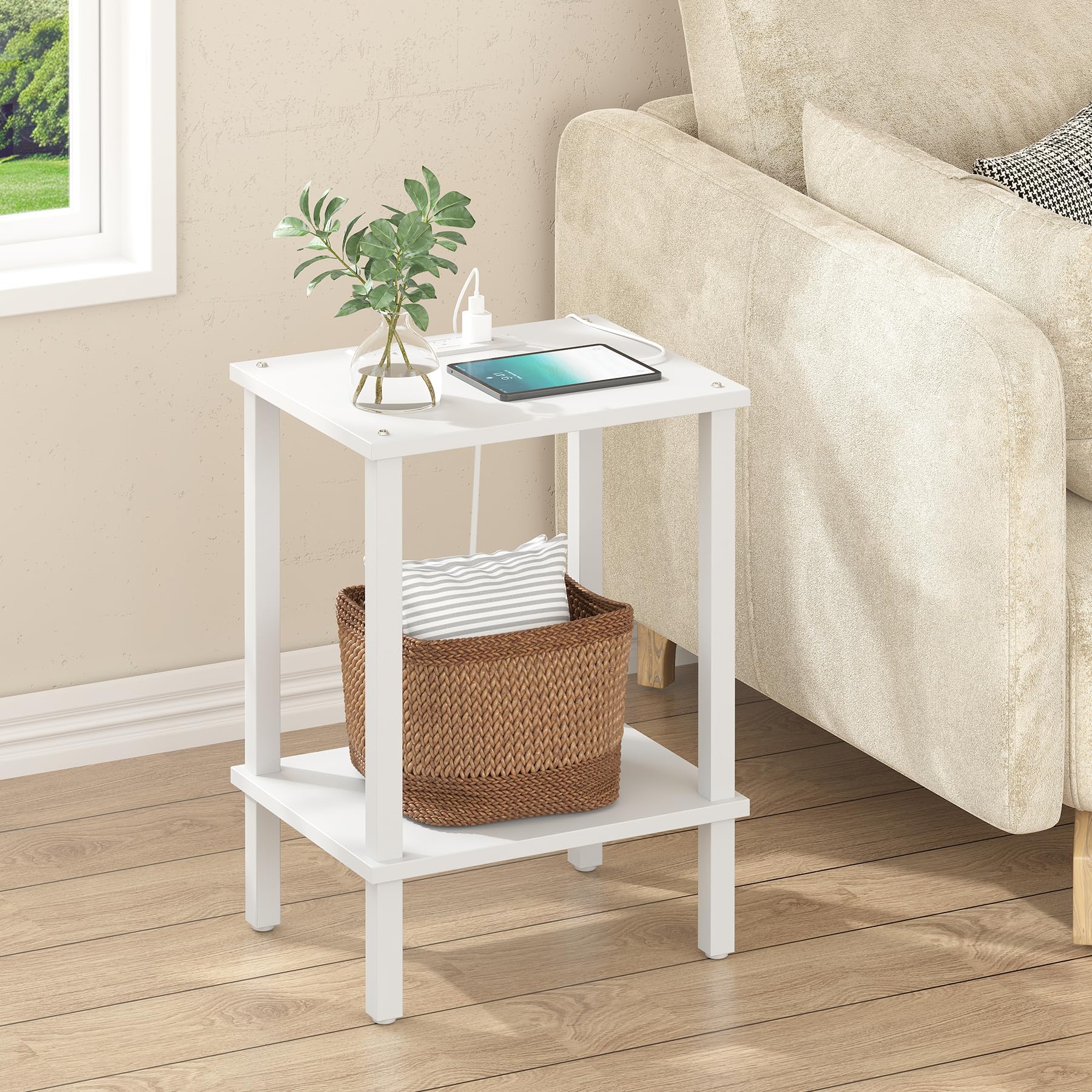 TUTOTAK End Table with Charging Station, Small Side Table with Outlets, Nightstand Bedside Table, 2-Tier Storage Shelf for Small Space, Living Room,