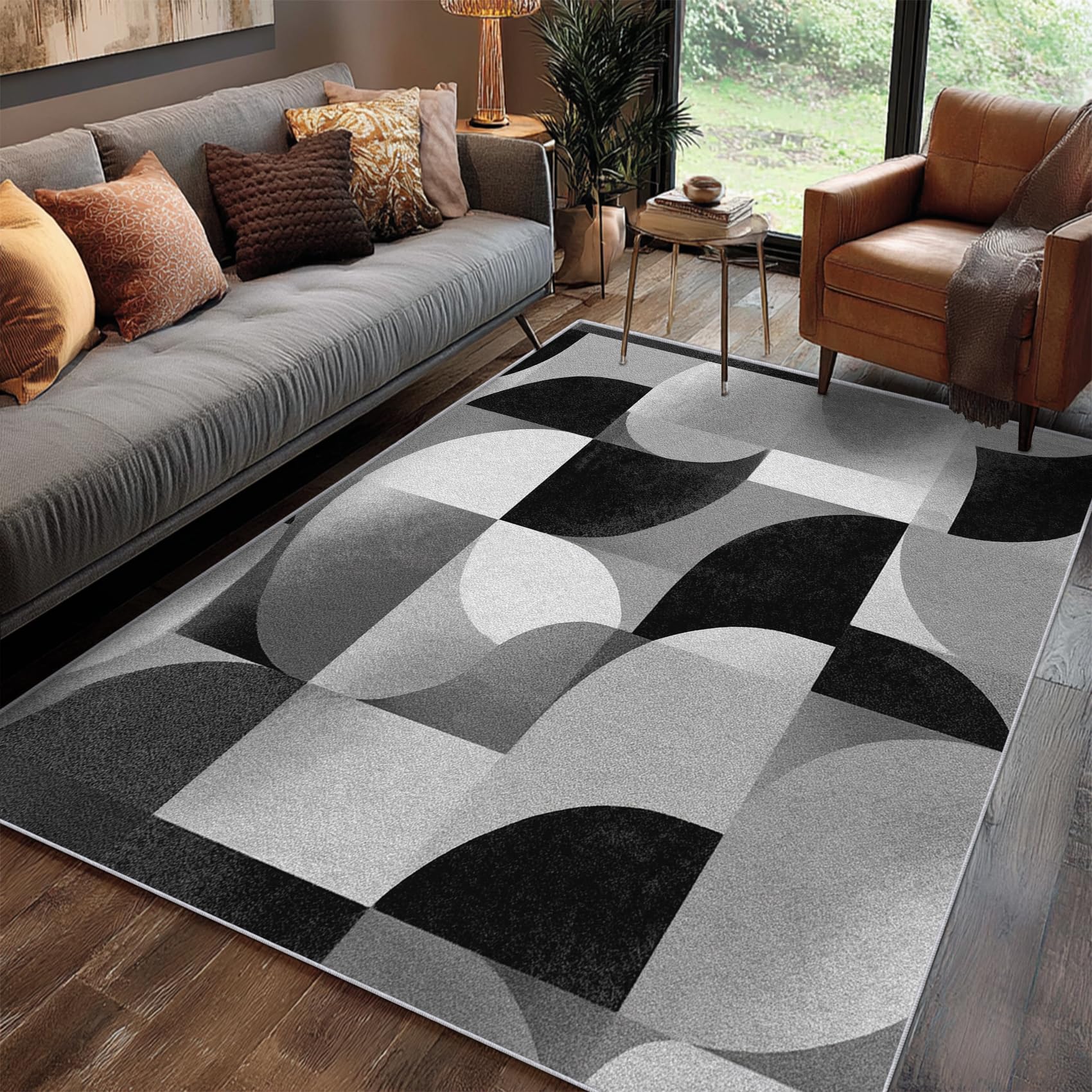 Teppich Geometrische Wohnzimmer 200 x 300 cm Mit Modern Schwarz Grau Muster, Geometrische Schlafzimmer Deko Bettvorleger, Kurzflor rutschfest Waschbar Teppiche Gegend