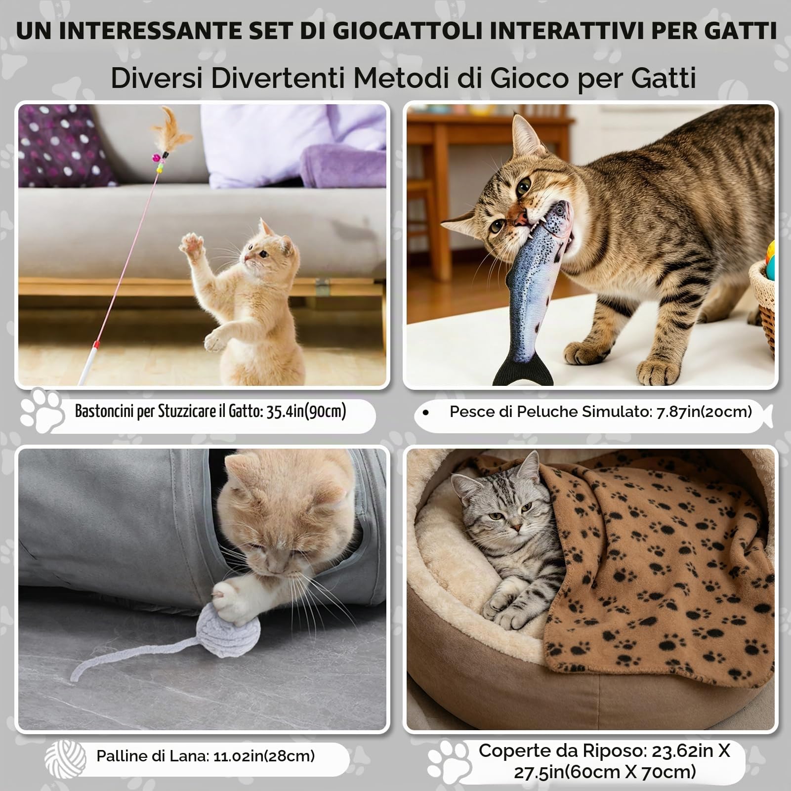 Tunnel per Gatti, Giocattoli per Gatti da Interno Adulti, Set di Giocattoli Interattivi con Palline Rotanti, Bacchetta di Piume, Pesce, Coperta, Accessori per Gatto