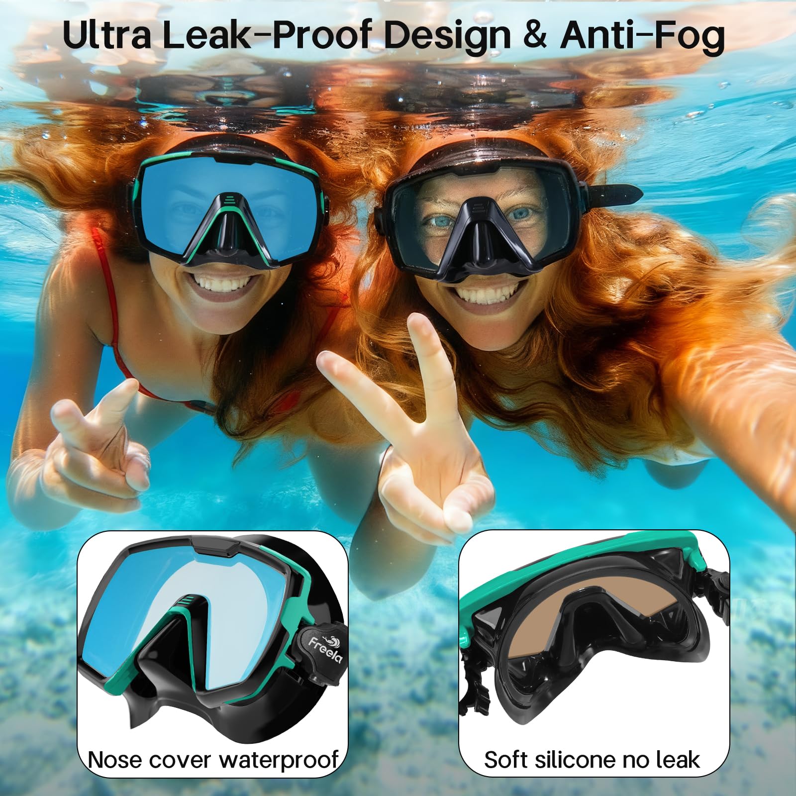 Freela Erwachsene Schwimmbrille Maske für Erwachsene mit Nasenabdeckung, gehärtetes Glas, Anti-Beschlag, wasserdicht, 180° klare Weitsicht, Männer und Frauen
