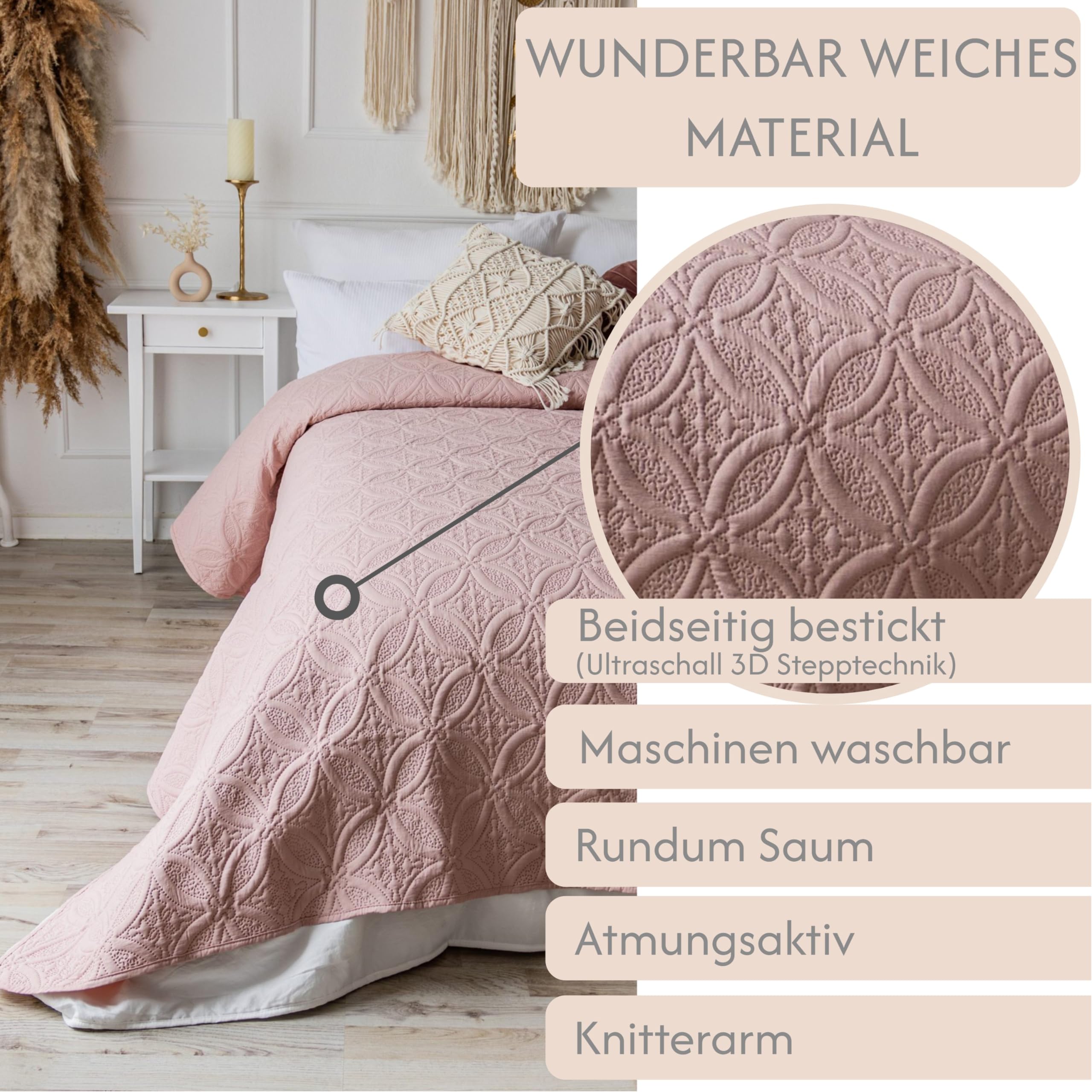 Tagesdecke Bett Bettüberwurf Überwurf Ornamente 220x240cm Sofaüberwurf Steppdecke Sofa Decke Überwurfdecke Tages Decken Betthusse XXL Überdecke Gesteppte Tagesdecken (Altrosa)