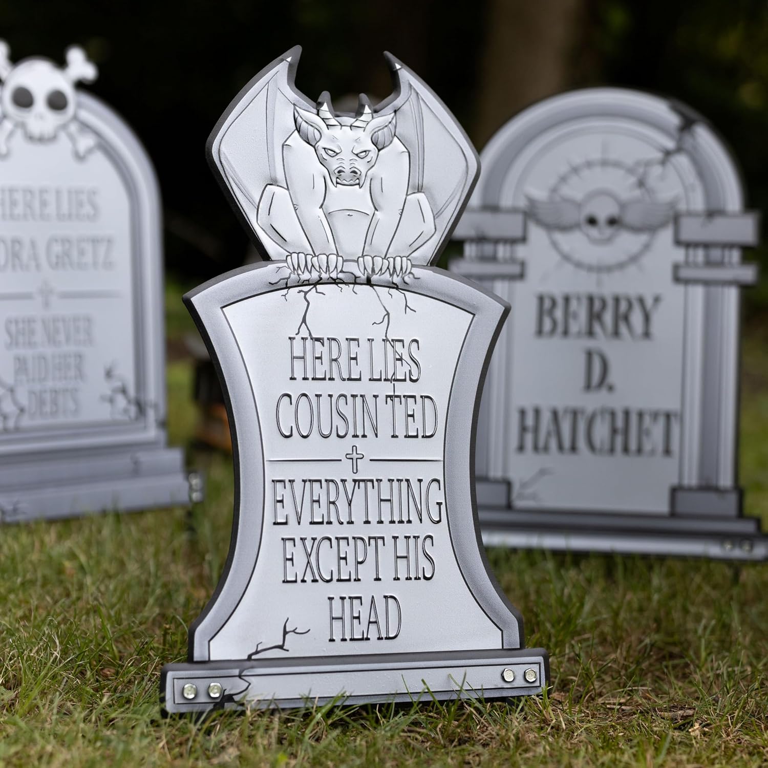 3-D Metal Halloween Ghost XL 17" Tombstone w Stakes -IRMA GONER- Durable, Rustproof, UV Raised Printing- Upgrade Your Haunted House Mansion Cemetary Lawn Decor- No More Flimsy Foam Graveyards
