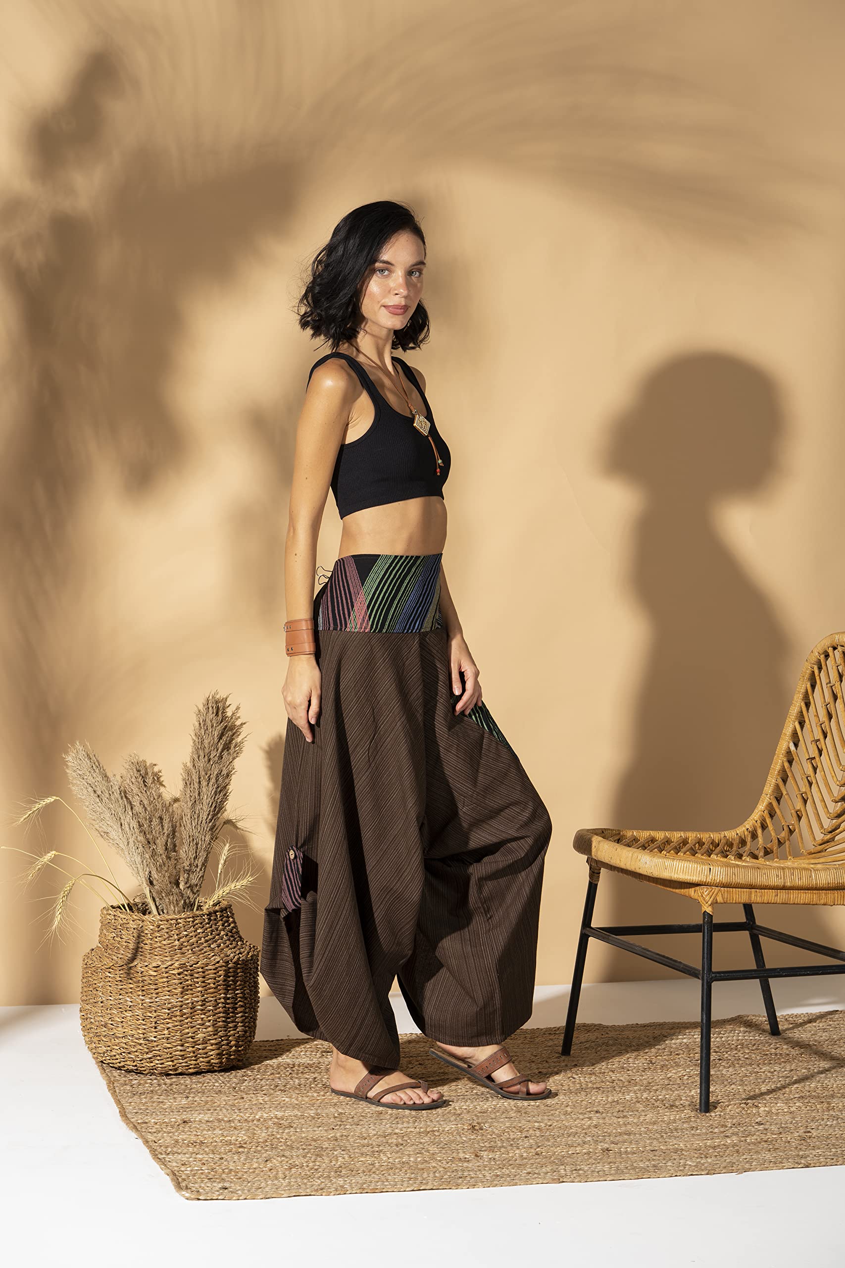 The Veshti Company Pantalones Harem de Yoga para Mujer Palazzo Premium, Marrón, Talla Única