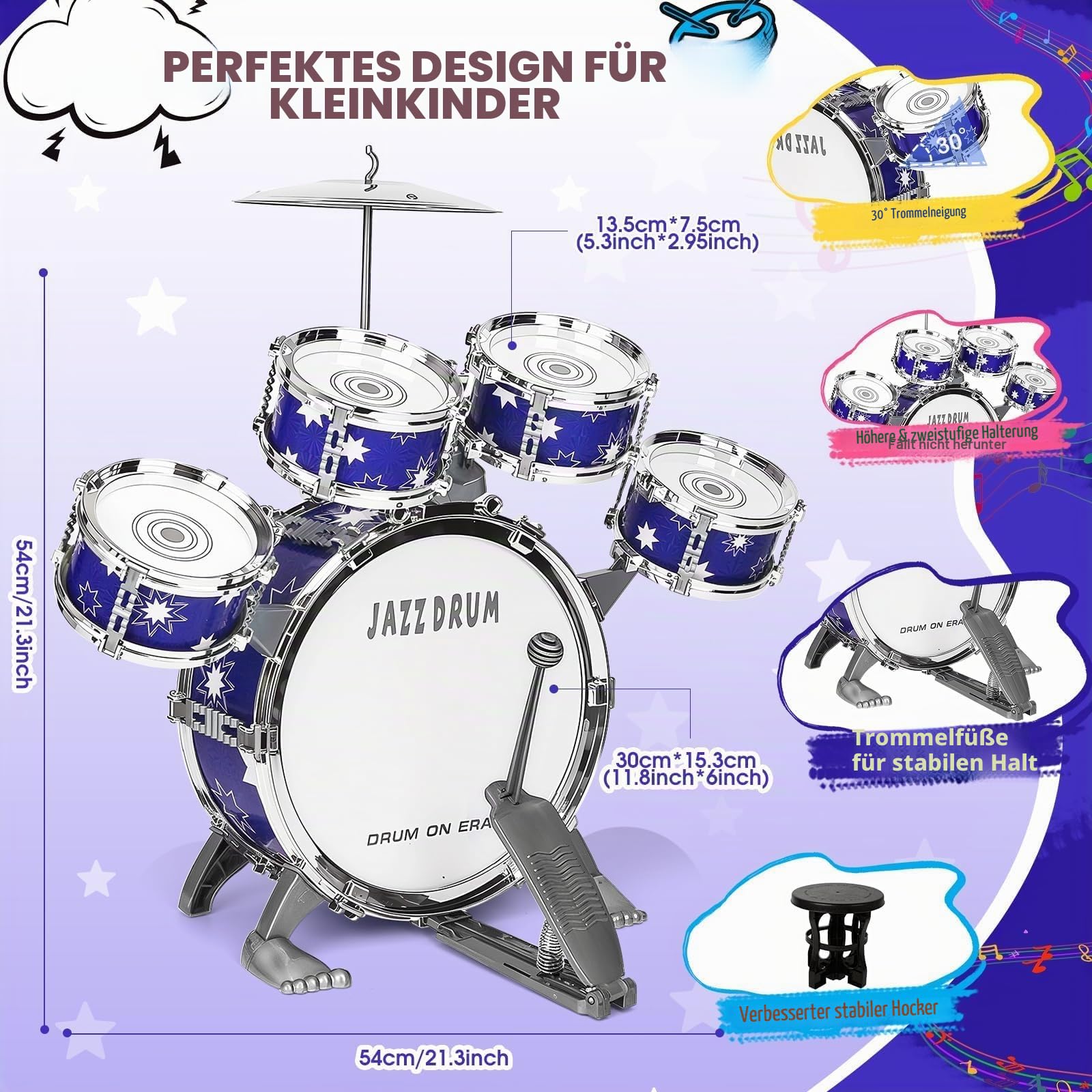 Upgrade Schlagzeug für Kinder 3-5 Kleinkind Spielzeug Alter 2-4 Jazz Drum Set mit Hocker Musikinstrument Spielzeug für 3 4 5 Jahre alte Mädchen Jungen Geschenke