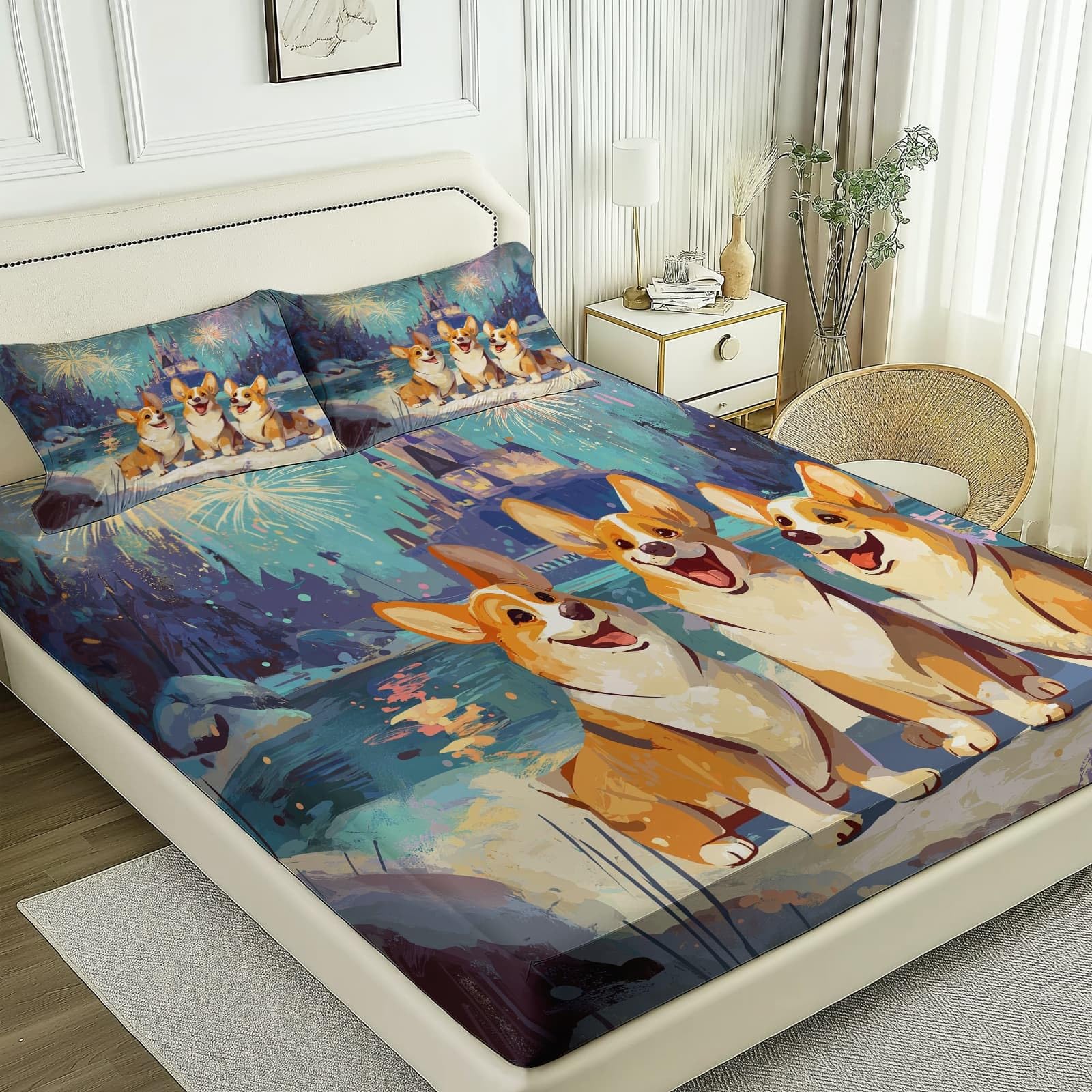 Niebieskie prześcieradło z gumką z mikrofibry, motyw Cartoon Corgi Burg, fajerwerki, z nadrukiem, ochraniacz na materac, wysokość boku do 30 cm (160 x 200 cm, 2 poszewki na poduszki)