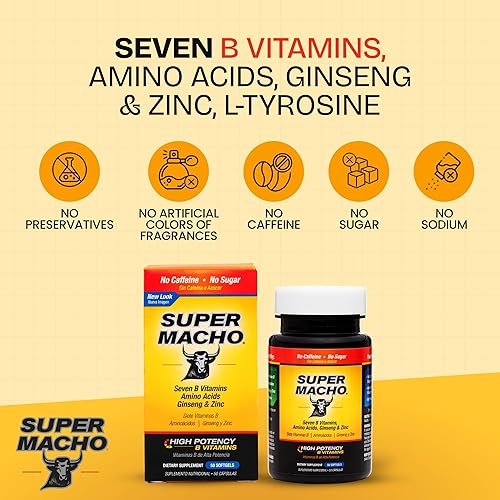 Miniatura 2 de DLC Laboratories SUPER MACHO Alta Potencia en Vitamina B y Aminoácidos Suplemento Nutricional para el Hombre Activo No contiene cafeína No contiene