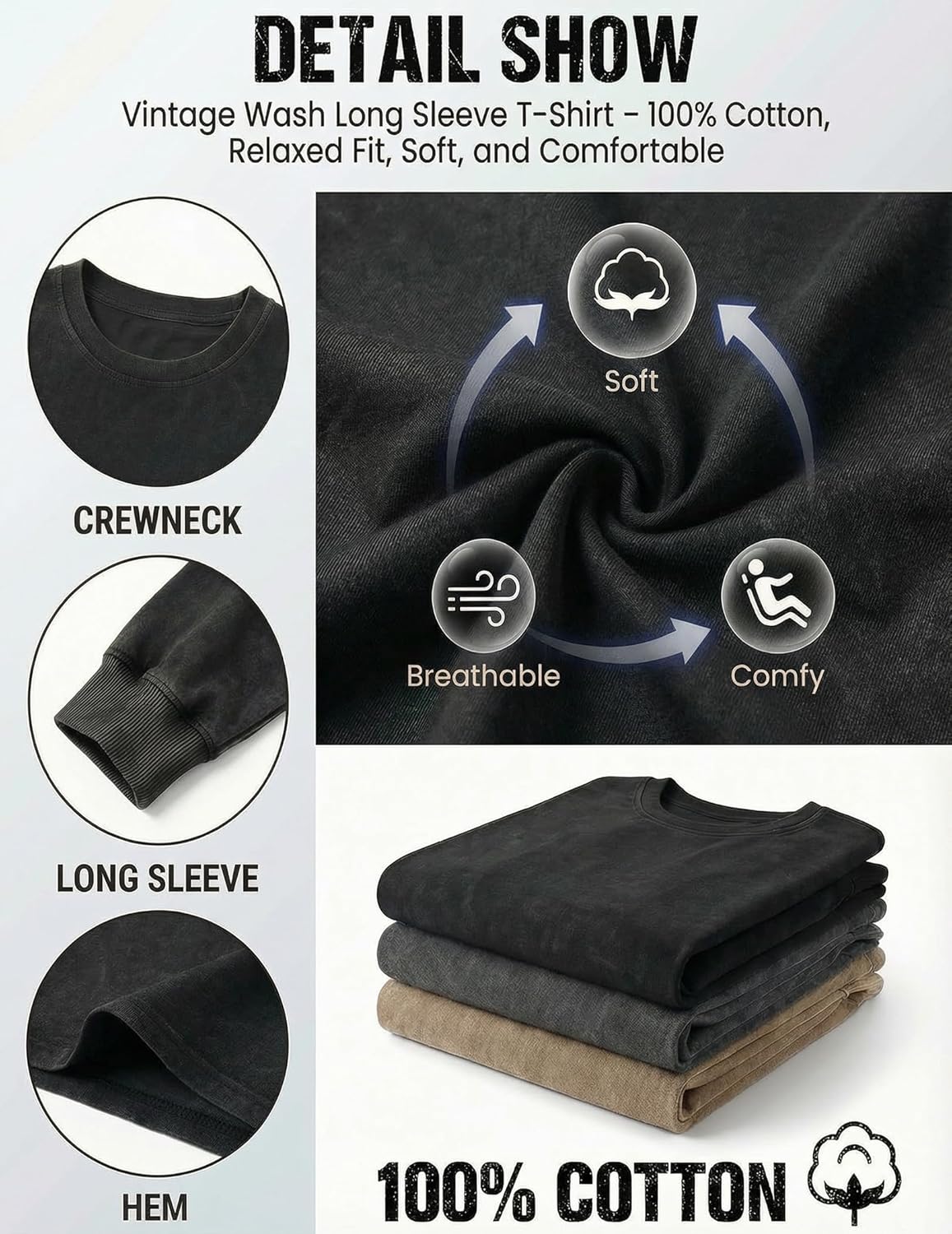 Men's Oversized Cotton T-Shirts Heavy Weight Crew Neck Vintage Wash Tee Long Sleeve Casual Gym Workout Tops - Image 5