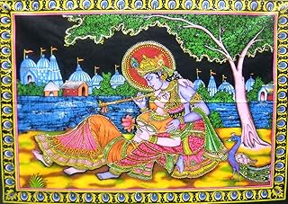 Crafts of India Divine Lovers Radha Krishna sequin cotton Batik Painting 40" X 30"