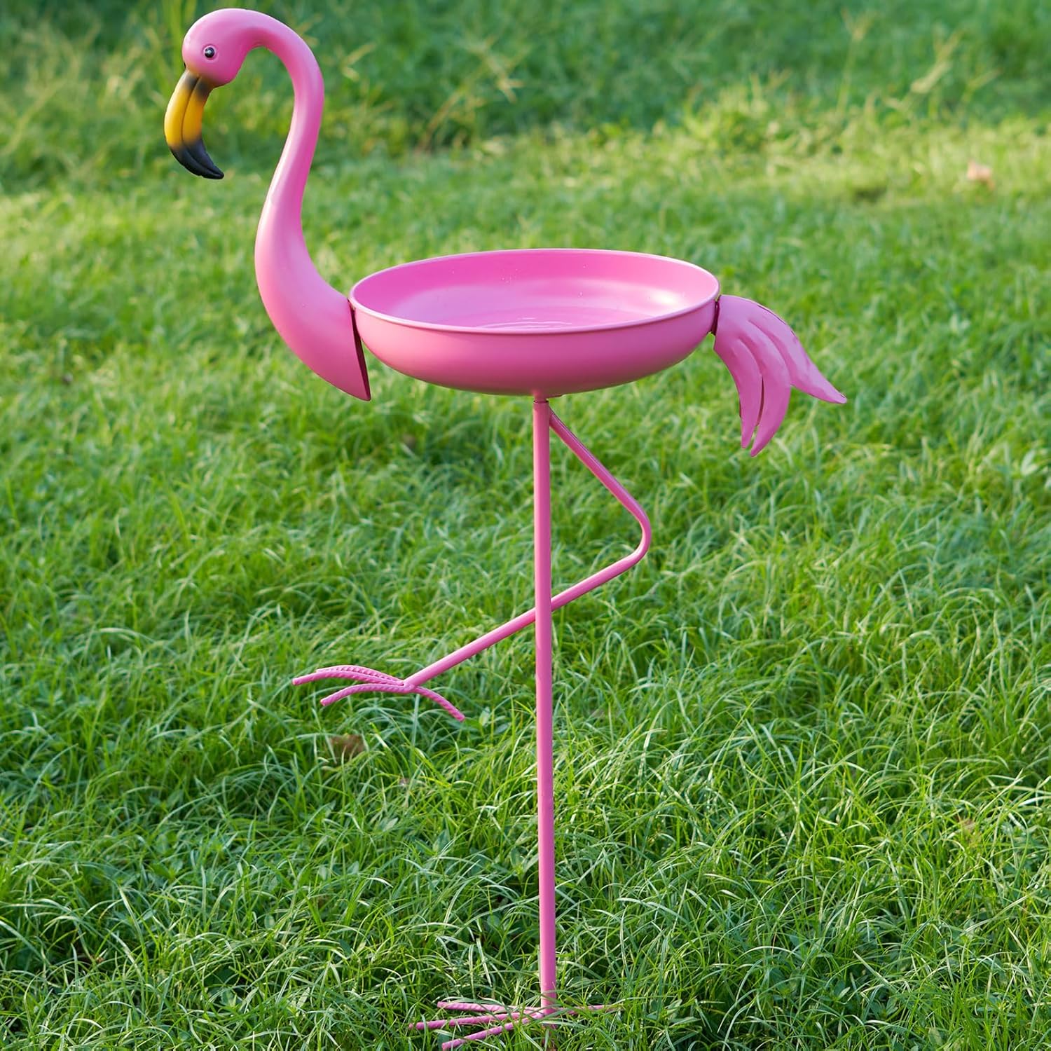 41 in Tall Flamingo Outdoor Bird Bath, Metal Bird Bath Bowl, Bird Feeder or Drinker Plate with Metal Stake, Home Garden Lawn Yard Decorations (Pink)