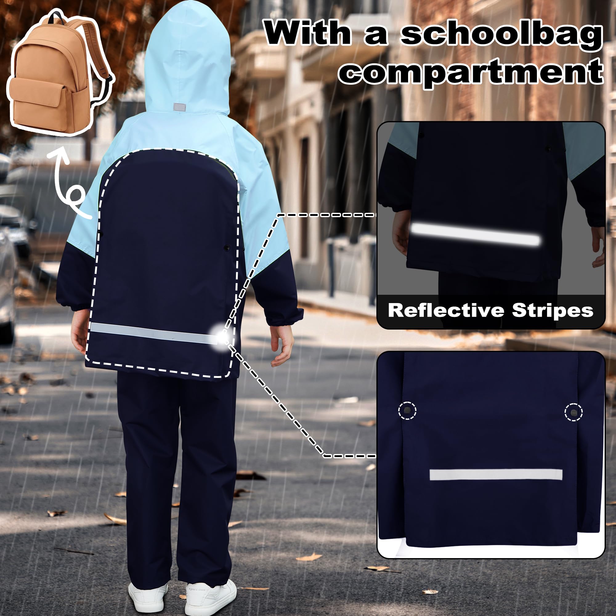 Enfants Imperméable à Capuche, Unisexe Fille Garçon Léger Manteau Veste de Pluie et Pantalon Combinaison avec Bandes Réfléchissante, Vêtements de Pluie pour Sport Randonnée Voyage 8-14 Ans