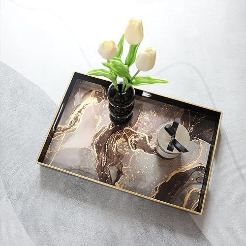 Miniatura 5 de Leemxiiny Bandeja decorativa de mármol negro con asas, bandeja rectangular de plástico Morden para mesa de café, baño, otomana, decoración del
