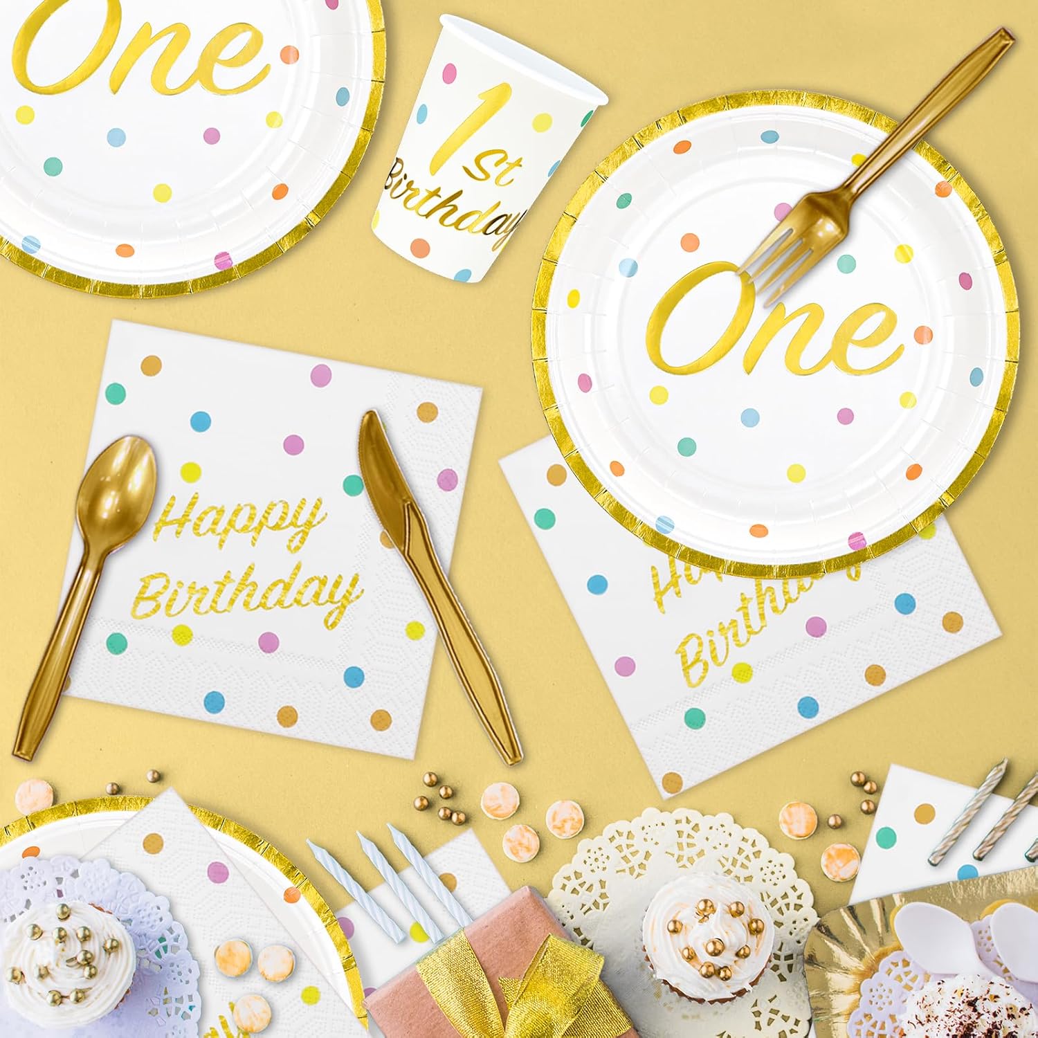 DYLIVeS 1st Birthday Party Supplies - Gold Foil First Birthday Decorations, Serves 24