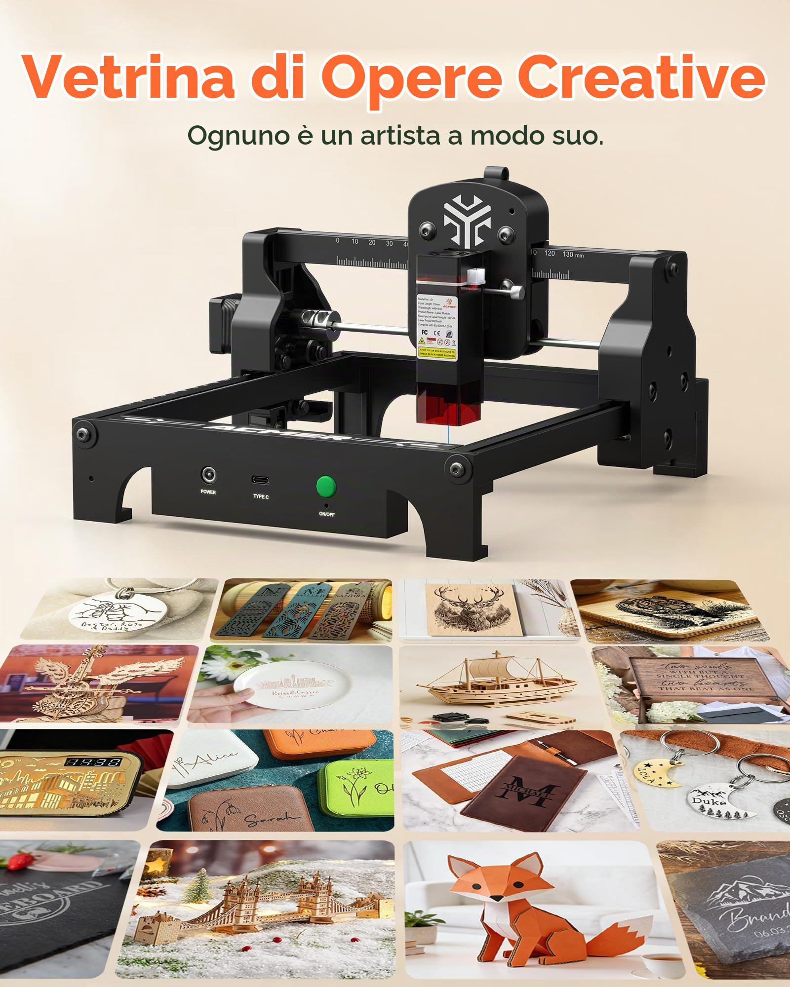 Acmer T1 Macchina per incisioni laser 2.5W, Mini incisore laser portatile, Laserschneider ad alta precisione di 0,01 mm, Area di lavoro 130 X 130 mm, Laser Cutter per legno, pelle, vetro, metallo e