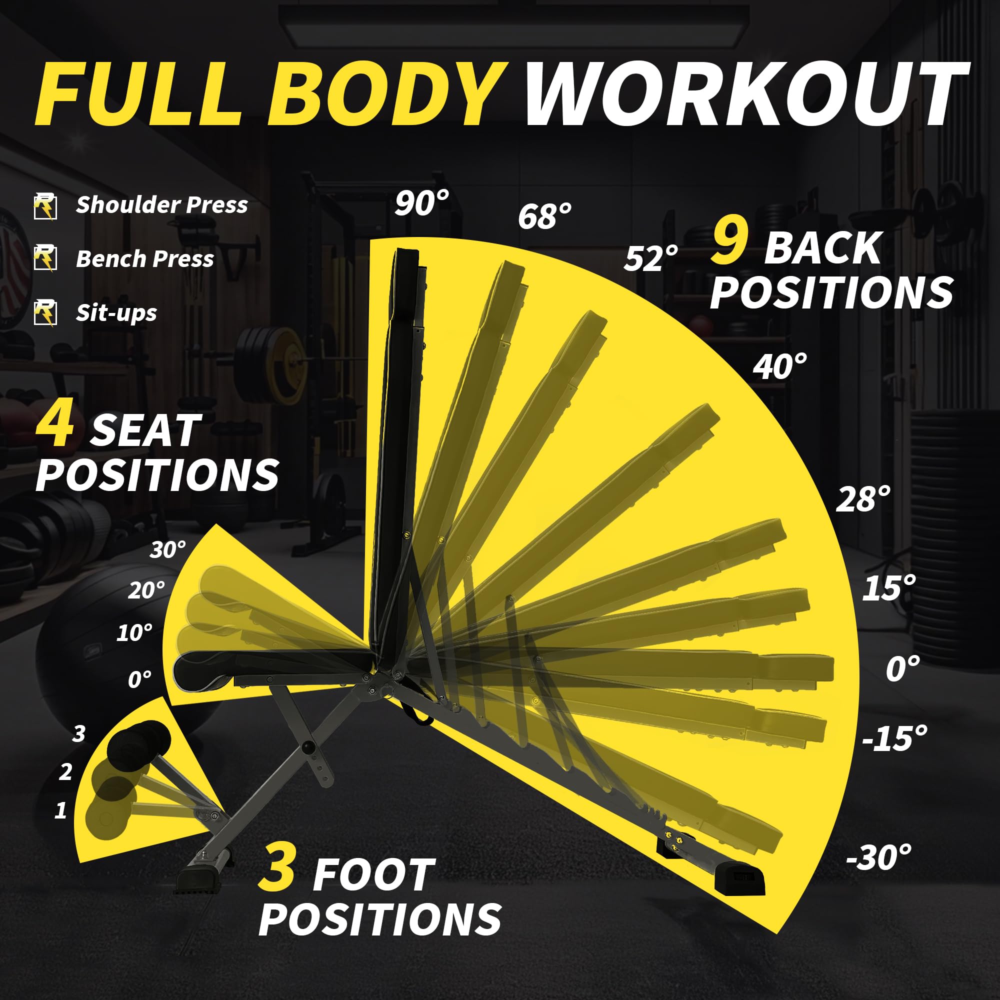 Adjustable Weight Bench,1000 LB Fast Folding Workout Bench for Home Gym Strength Training, Incline Decline Flat Utility Bench Press for Full Body Workout, Upright Storage Yellow Exercise Bench