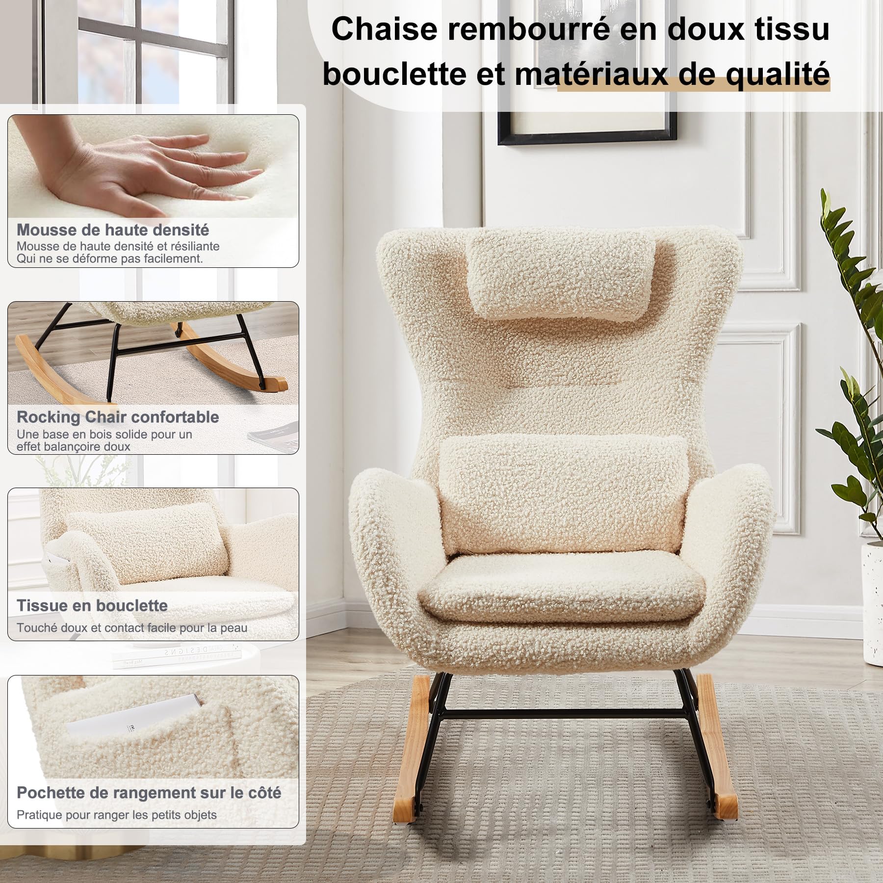 Fauteuil à Bascule Allaitement Scandinave Chaise Loisir et Repos en Tissu avec Pieds en Bois Métal pour Salon, Chambre, Nurserie Beige