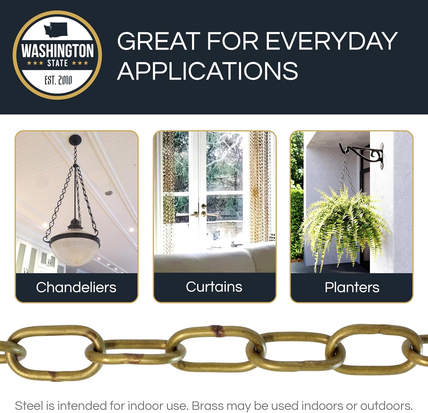 RCH Hardware CH-08W-PB-3 Decorative Solid Chain for Hanging, Lighting-Standard Welded Links (3 ft/1 Yard) (Polished Brass)