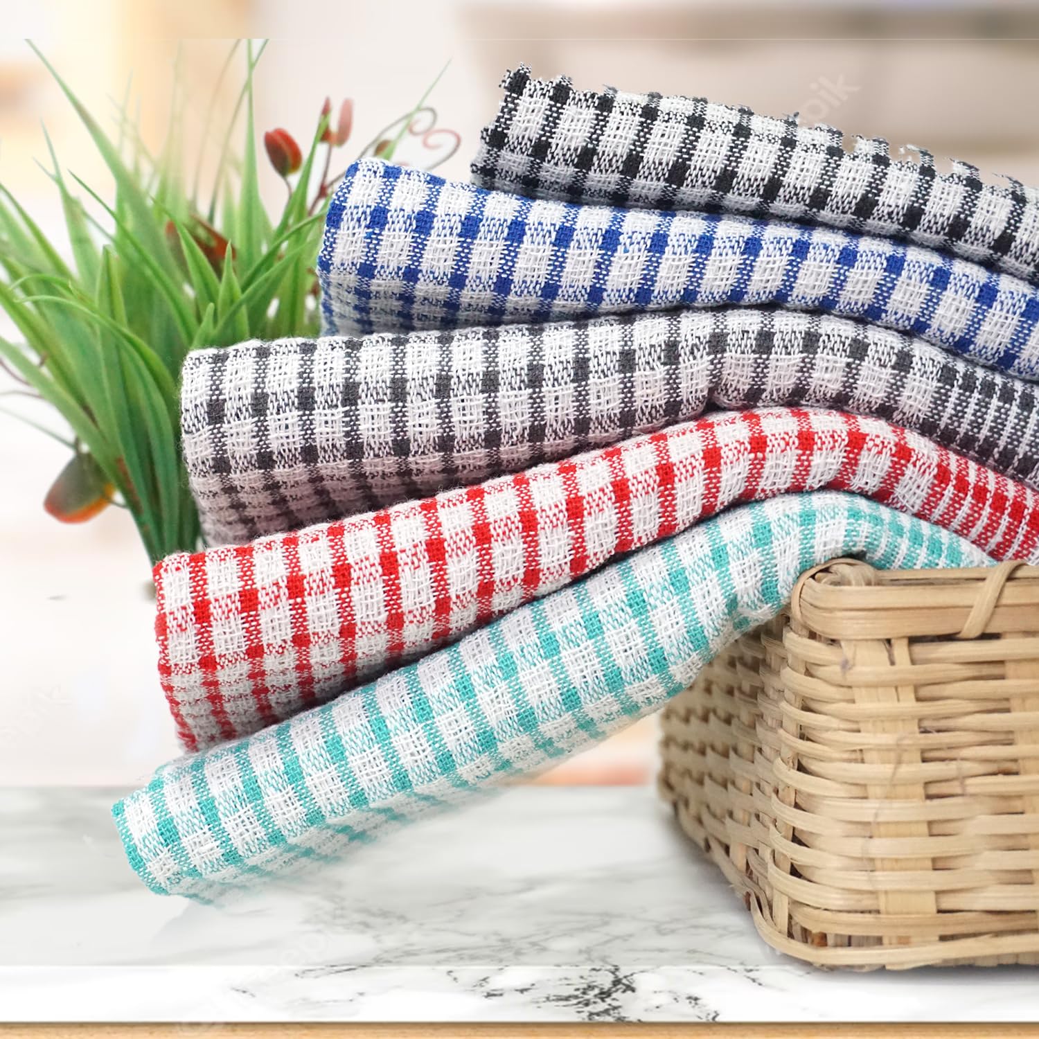 Wonderdry 100% Cotton Tea Towels – Pack Of 10, Fast Drying, Absorbent, Checked Design For Kitchen, Dish, And Cleaning
