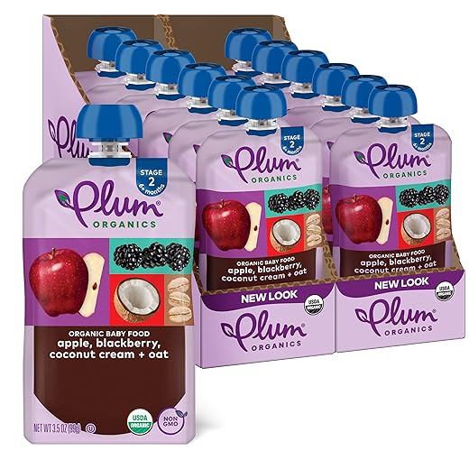 Plum Organics Stage 2 Organic Baby Food - Apple, Blackberry, Coconut Cream, and Oat - 3.5 oz Pouch (Pack of 12) - Organic Fruit and Vegetable Baby Food Pouch