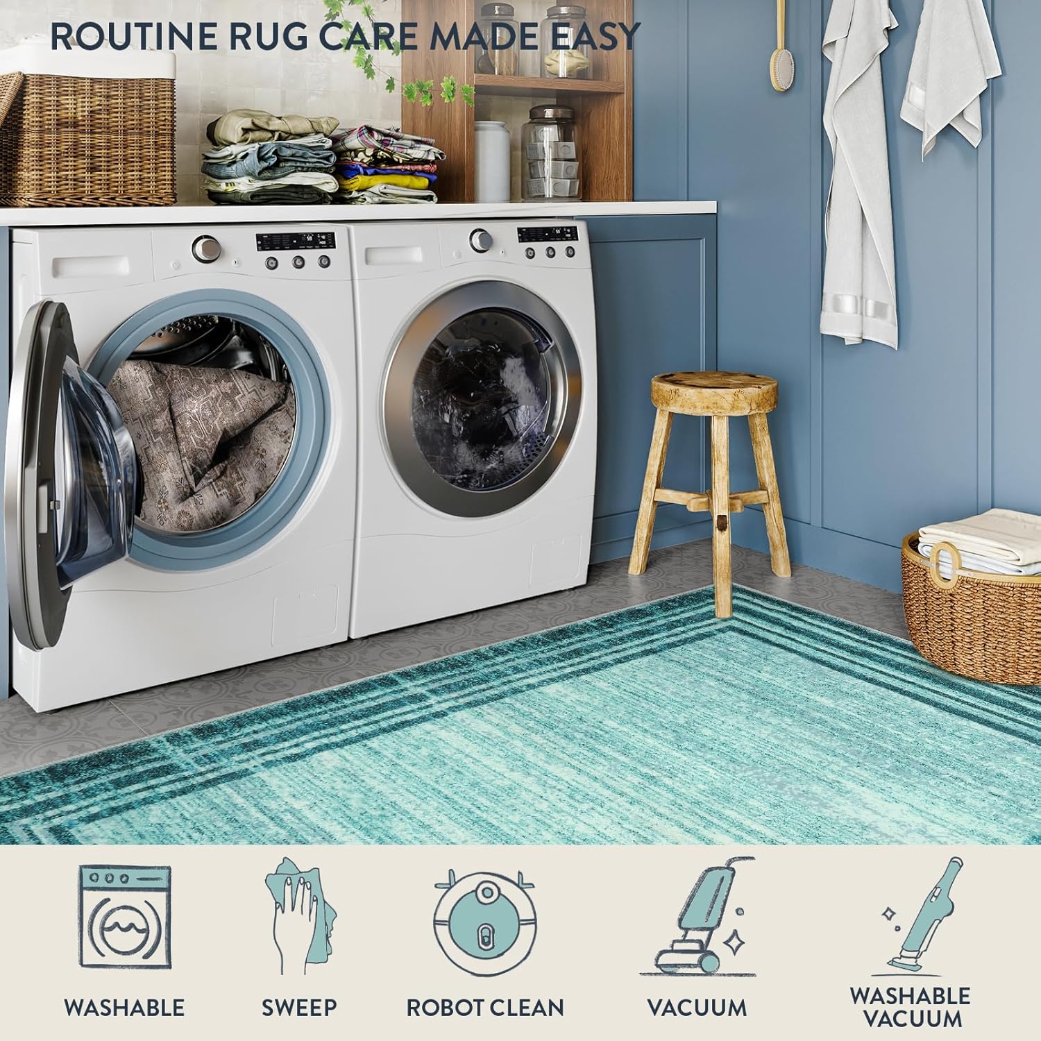 Lahome Abstract Runner Rug,Teal 2.5x8 Runners for Hallways Washable Non-Slip Kitchen Rug Runner,Low-Pile Soft Entryway Runner Rug Minimalist Solid Indoor Carpet Runner for Bedroom Laundry Bathroom - Image 6