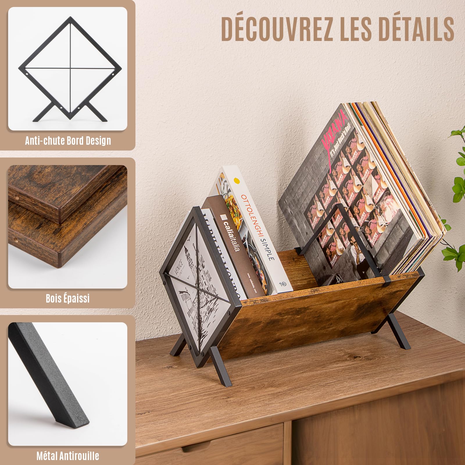 PUERSI Étagère de Rangement Vinyle, 80 Support Vinyles, 1 Niveau Disque Vinyle avec Séparateur Réglable, Organiseur pour Albums, Magazines, Livres et Dossiers - Marron