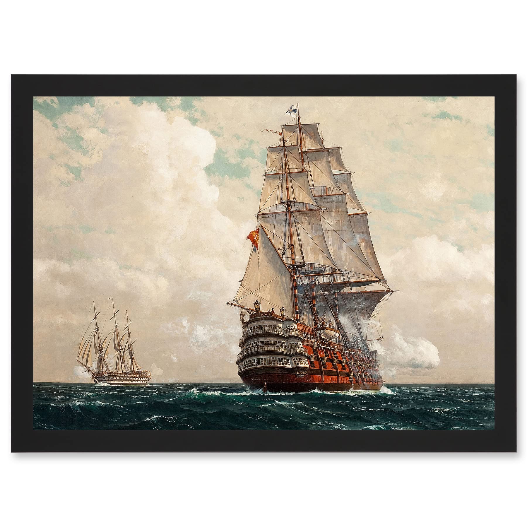 B&Q -  Painting Seascape Naval Diemer Ship At Sea Men O War Passing Wall Art PrintA4 Size