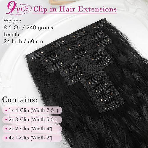 Miniatura 3 de REECHO HE009 - 9 extensiones de cabello con clip de 24 pulgadas de grosor, largo, mini onda de sirena, lujosa, ligera, tecnología japonesa, fibra