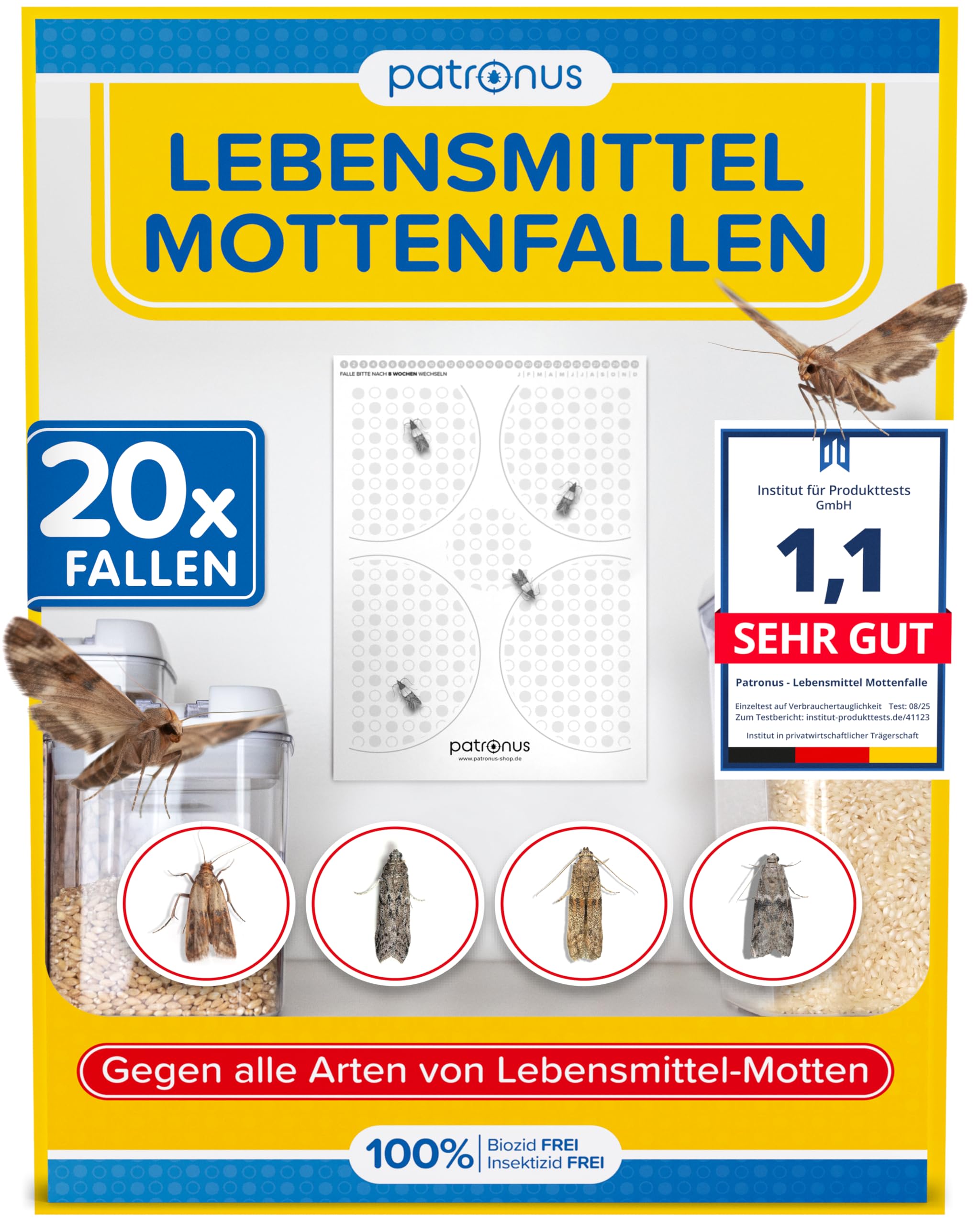 Patronus Lebensmittelmotten-Falle [20 Stück] - Mottenfalle gegen Lebensmittel-Motten mit maximaler Lockwirkung - Pheromonfalle mit Hochleistungs-Leim zur Befallsermittlung