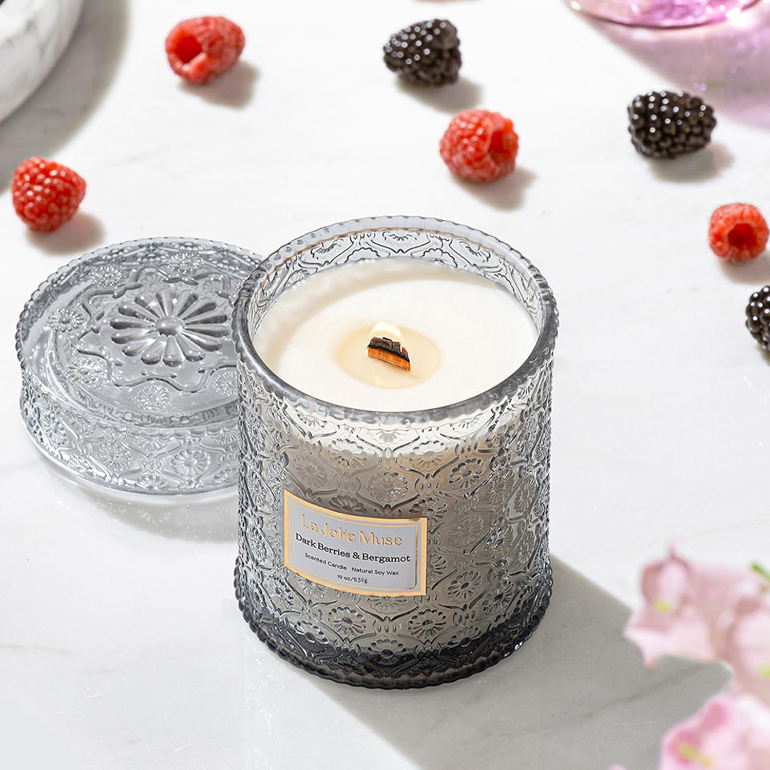 LA JOLIE MUSE Dark Berries & Bergamot Candle - Berries, Grape, Caramel | 19 oz Large Wooden Wick Candle | Natural Soy Wax | 90 Hours Clean Burn | Gift-Ready for Hosts & Gatherings | Elegant Home Décor - Image 3