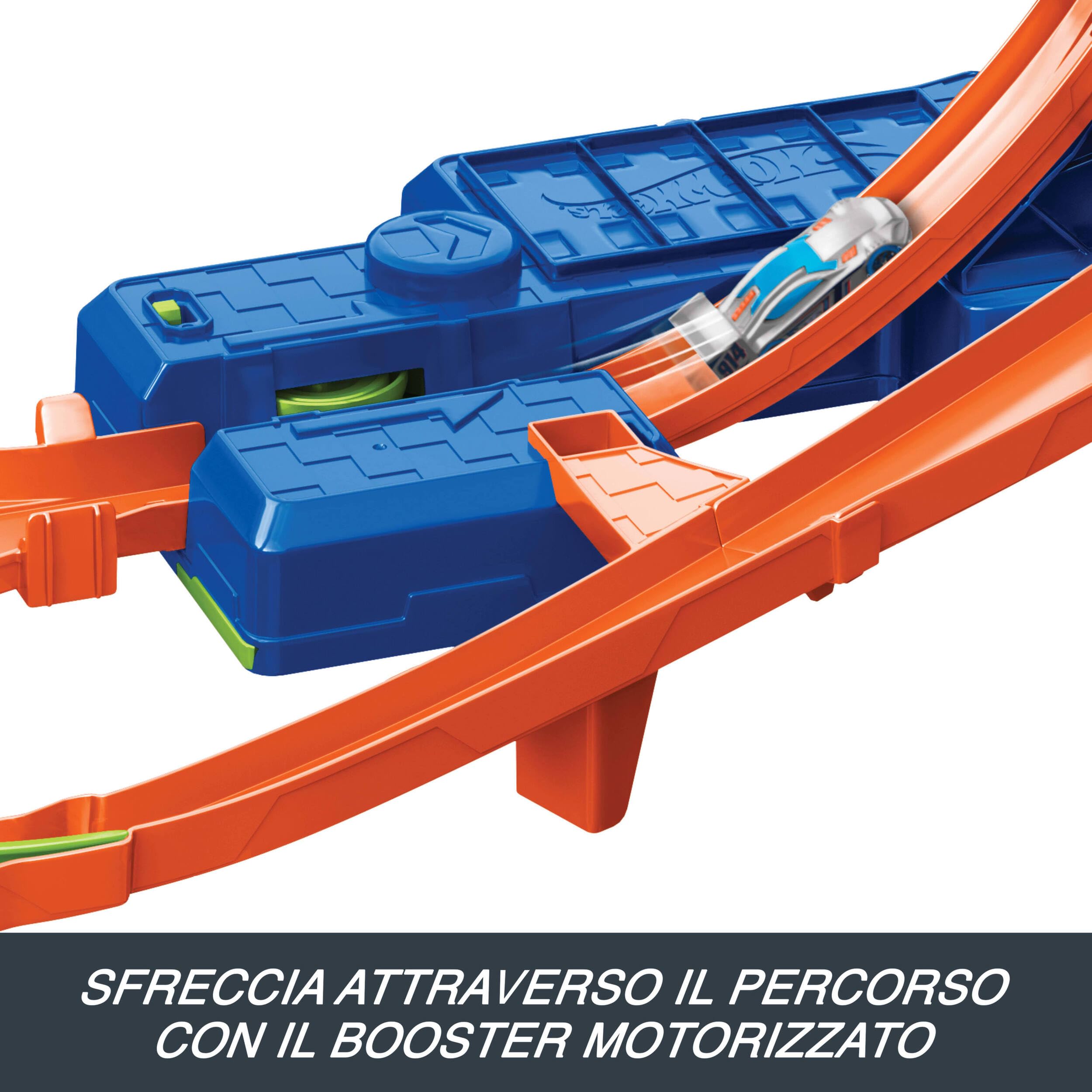 Hot Wheels - Scontri Volanti, set pista per acrobazie e corse senza sosta, con booster motorizzato e macchinina in scala 1:64 inclusa, giocattolo per bambini, 5+ anni, JKJ78