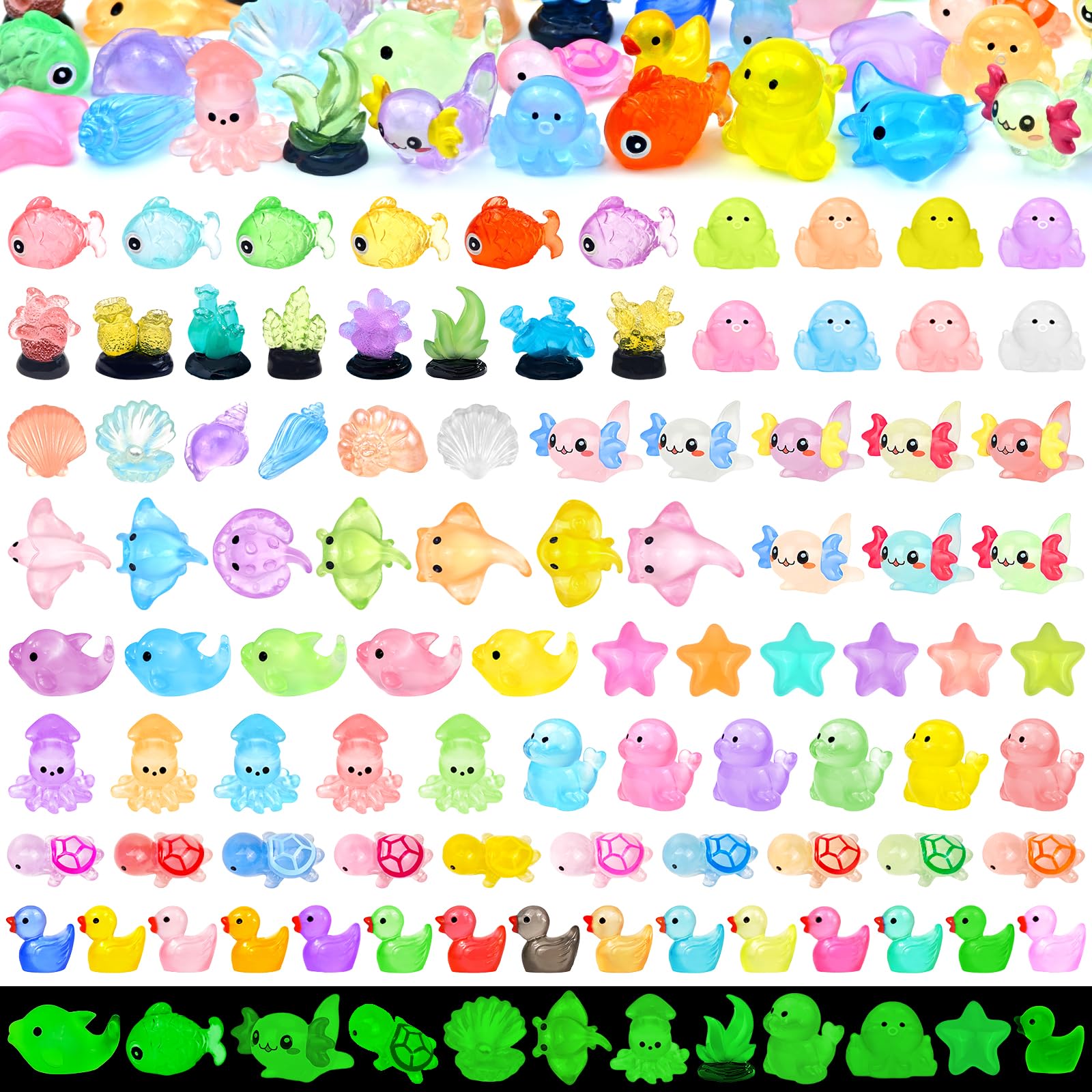 Feivando 120 Pcs Luminous Mini Ocean Resin Animals Glow in the Dark Tiny Plastic Animal Figures Marine Miniature Figurines for Crafts Micro Landscape Fairy Garden Aquarium Decoration