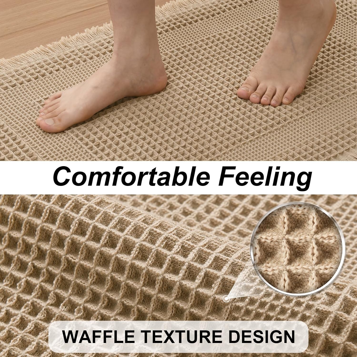 JIUZHEN Set of 2 Waffle Bath Mats Super Absorbent Bath Mat Non Slip Bathroom Rugs for Bathroom Floor Dry Fast Washable Boho Rugs for Beside Tub, 16" x 24" +20" x 32", Loop-Brown