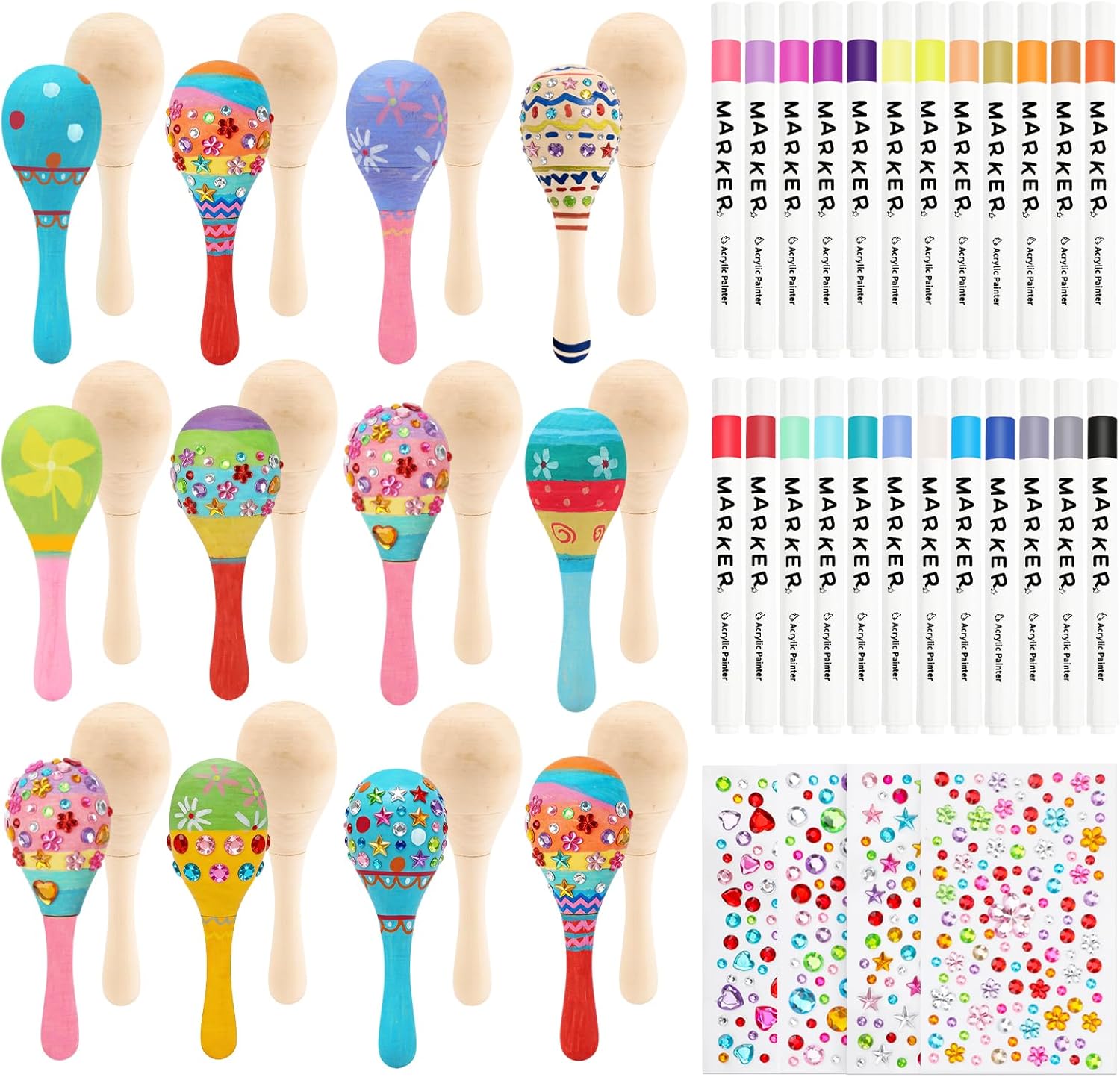 30 PCS Mini Wooden Maracas for Kids, Unfinished DIY Maracas with Multicolor Pens and Gem Stickers for Mexican Fiesta Cinco De Mayo Painting Shakers Baby Musical Toys Birthday Party Favor Supplies