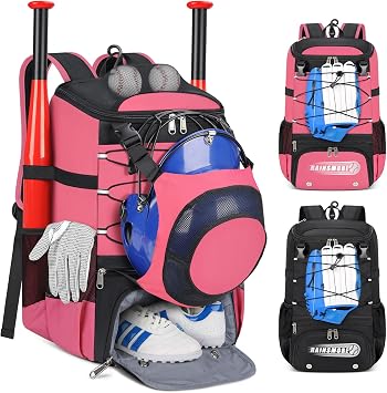 RAINSMORE Baseball Bag for Youth & Adult Lightweight Softball Bat Bag with Shoe Compartment, External Helmet Holder and Fence Hook Waterproof Baseball Backpack Hold T-Ball, Bat and Softball Equipment