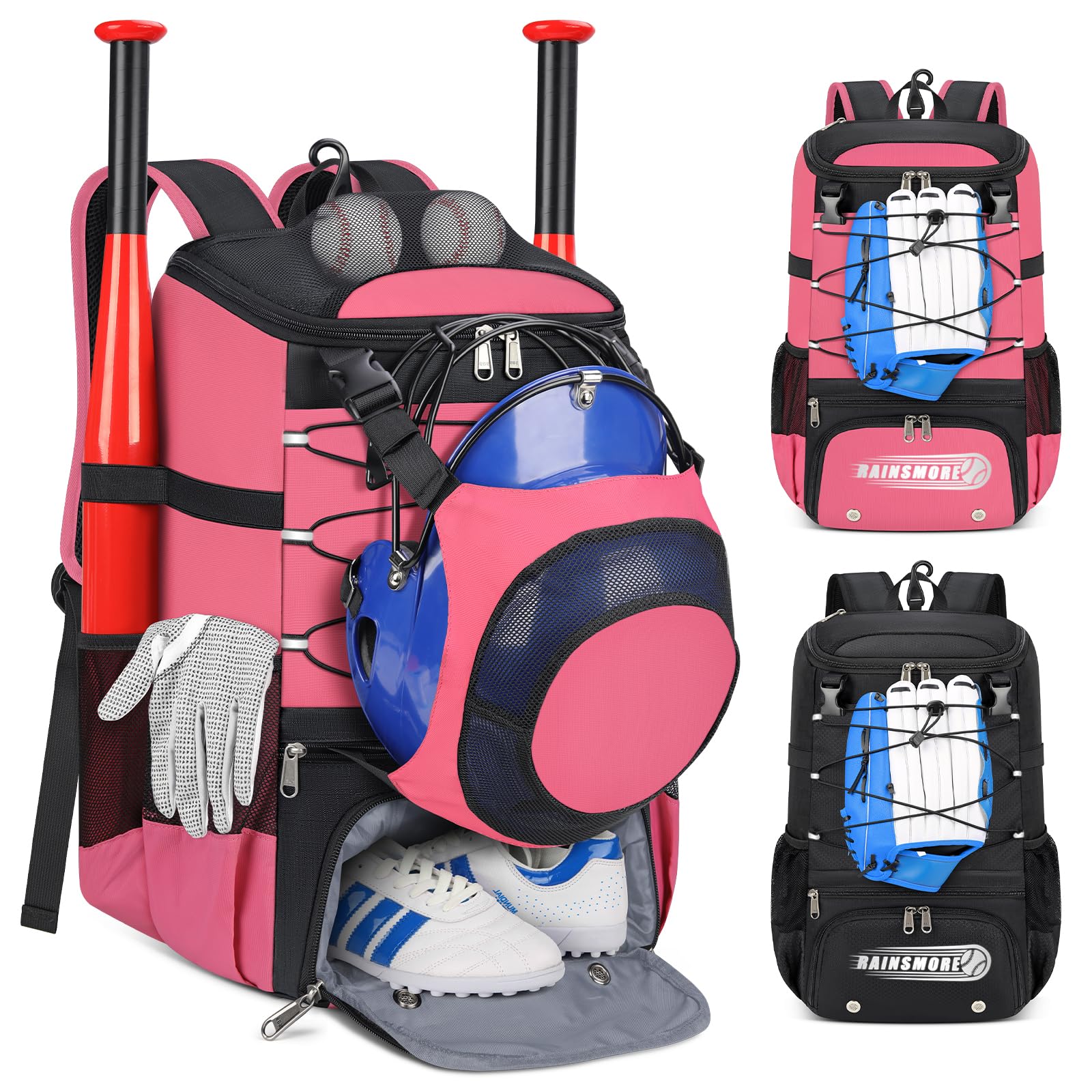 RAINSMORE Baseball Bag for Youth & Adult Lightweight Softball Bat Bag with Shoe Compartment, External Helmet Holder and Fence Hook Waterproof Baseball Backpack Hold T-Ball, Bat and Softball Equipment