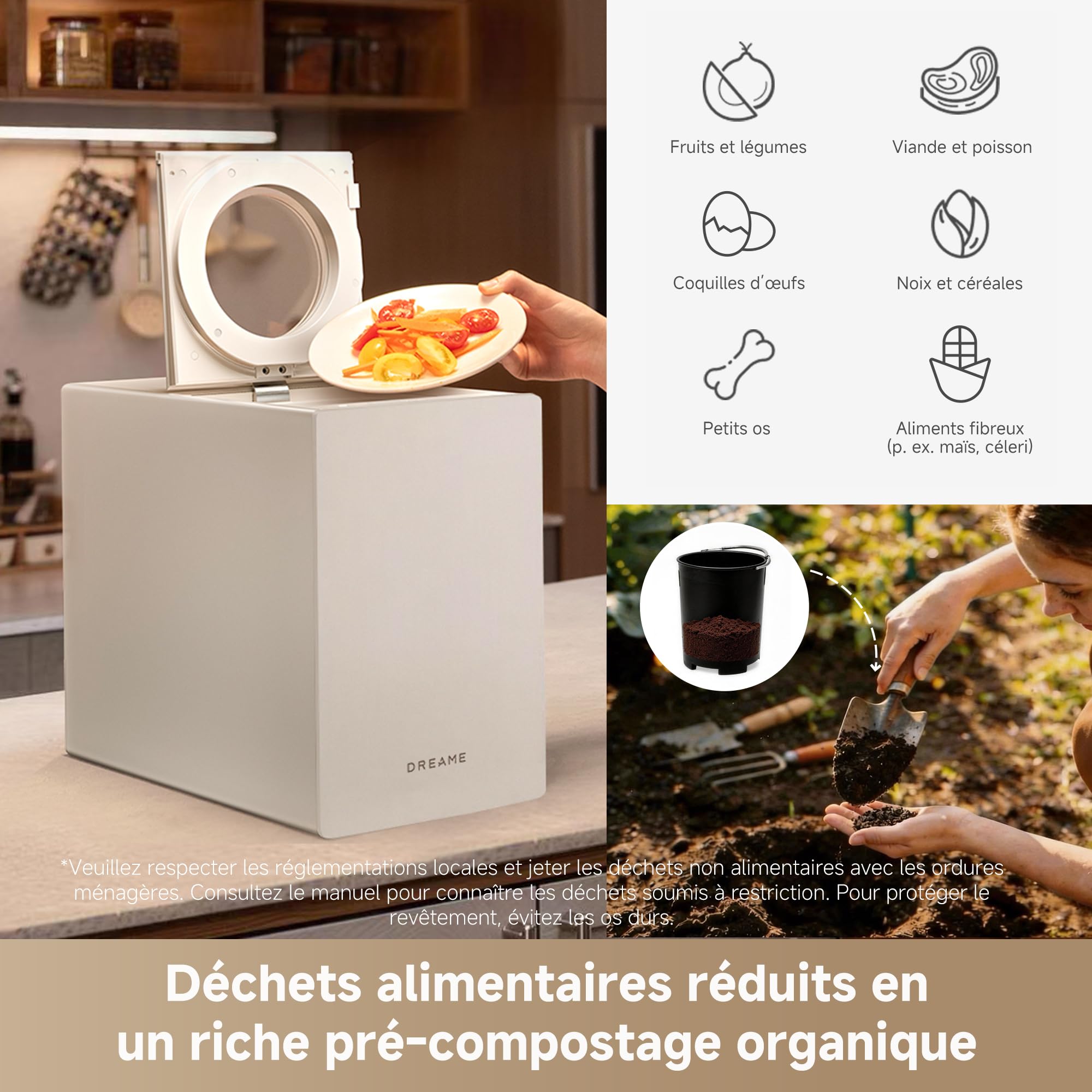 DREAME SF25 WiFi Broyeur de déchets alimentaires, Contrôle via application, Système triple lame, Filtre à charbon lavable, Anti-odeurs, Capacité 2,5 l, Nettoyage auto haute temp., Compact, Silencieux