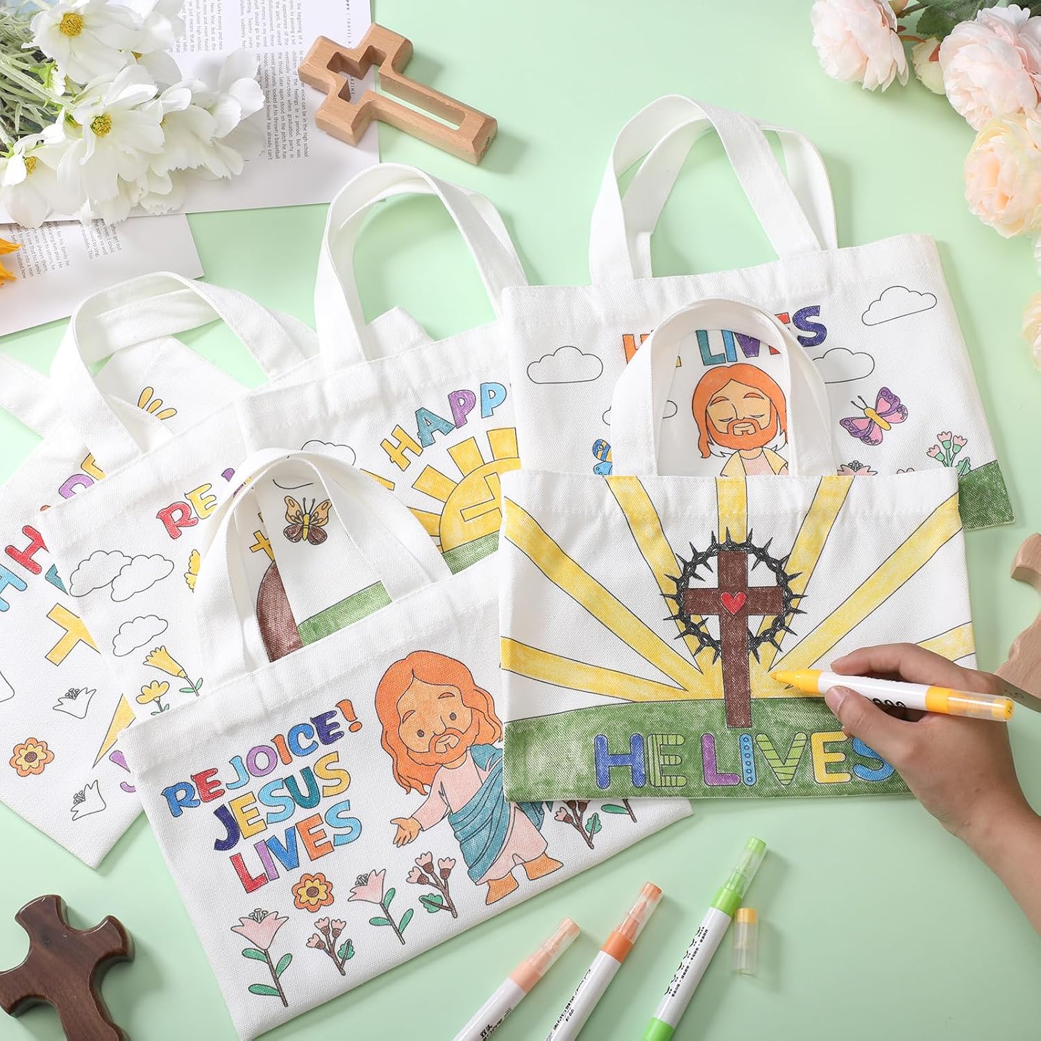 Locmeo 18 Pcs He Lives Easter Canvas Coloring Bag, DIY Craft Bulk image 4