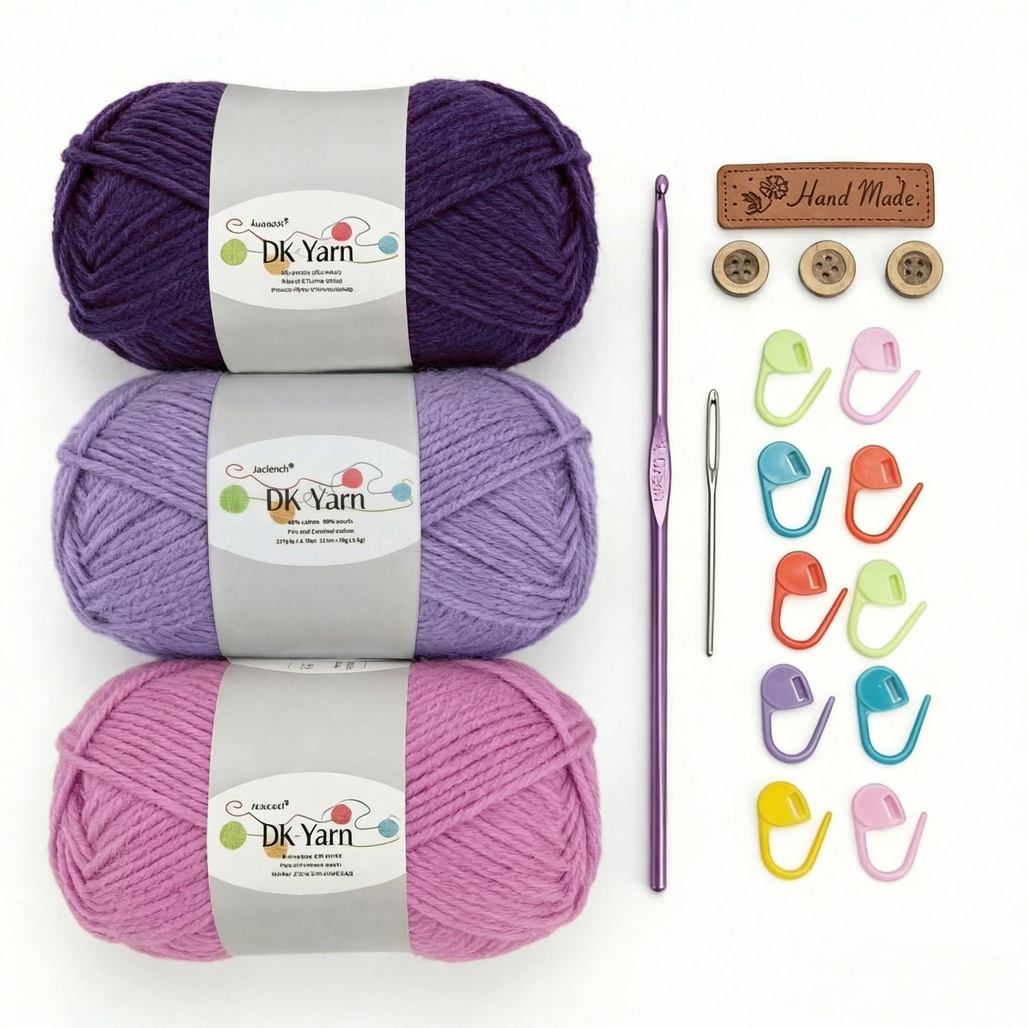Crochet Yarn Kit, 3×50g 60% Cotton 40% Acrylic Combed Cotton Yarn with 3mm Hook & Accessories, DK Wool for Beginners Amigurumi Socks Blankets (Purple-3) — image 1