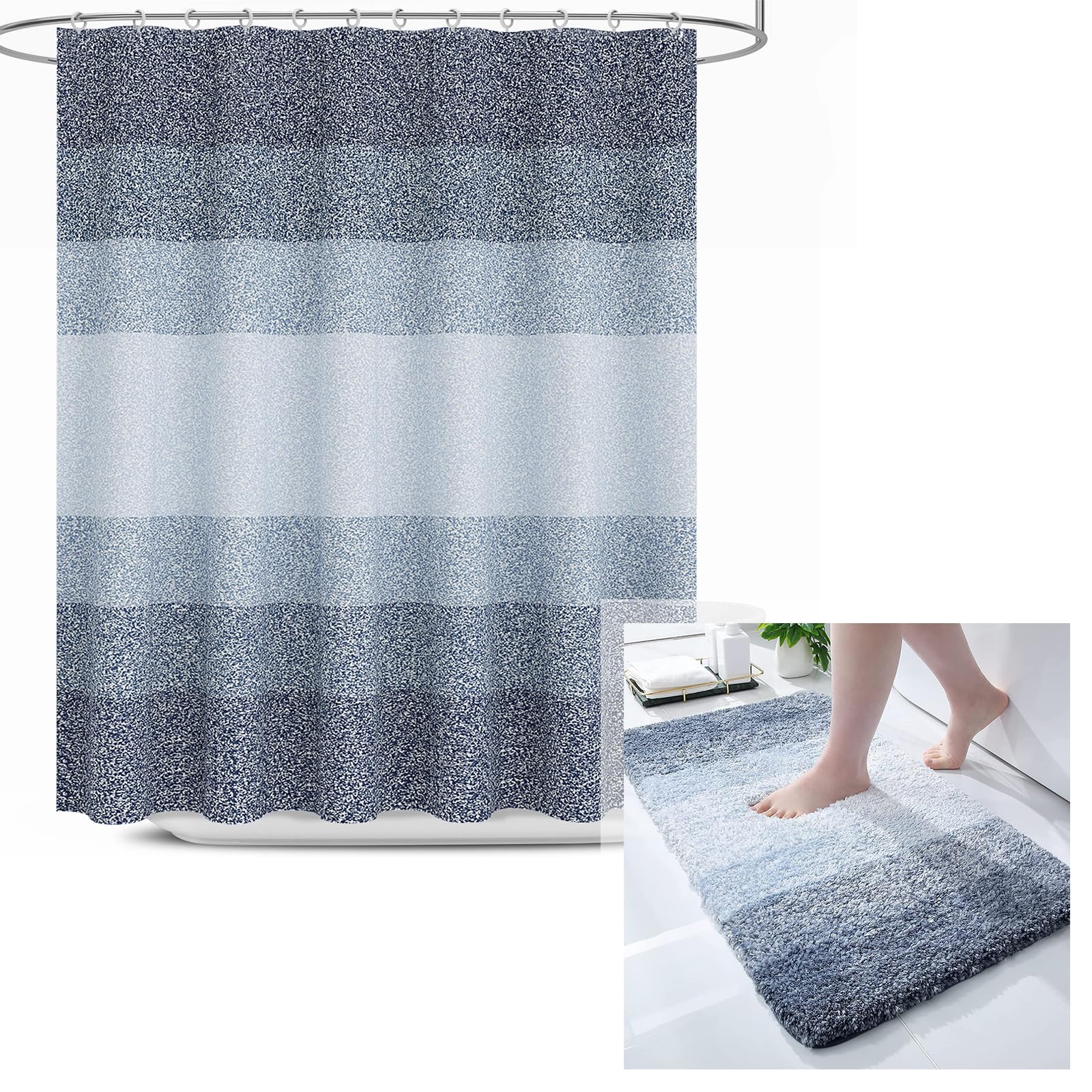 OLANLY Ombre Bath Rug and Shower Curtain, Waffle Fabric, Bath Rug Size 24x16 and Shower Curtain 72x72 in Blue, 2 Item Bundle