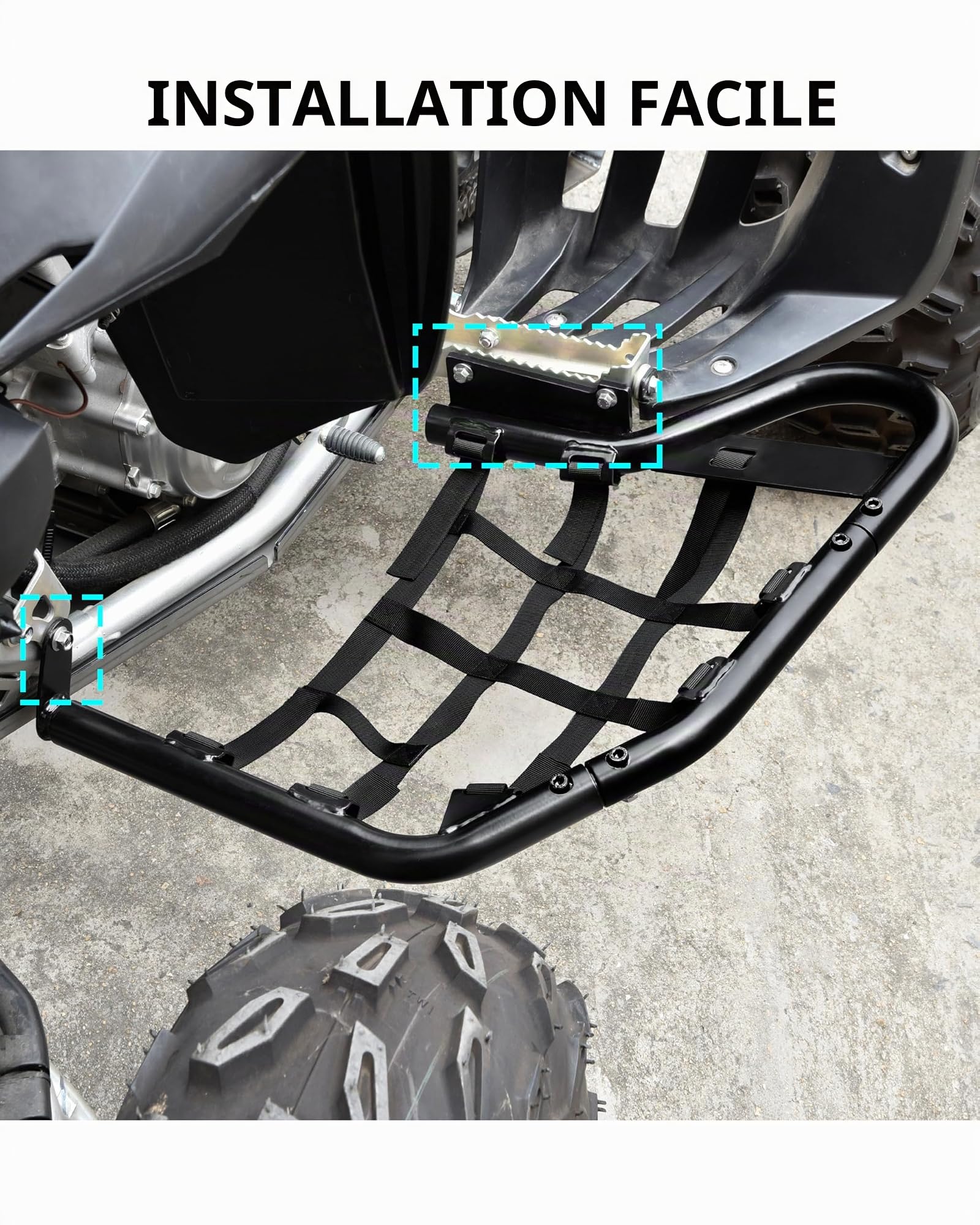 SAUTVS Side Step Nerf Bars Rock Sliders for Yamaha Raptor 700 700R 2006-2025, Combined Foot Guard Pegs with Black Webbing Nets, Protective Off-Road Accessories | Rock Sliders Paire de protections pour pieds avec filets noirs pour Yamaha Raptor YFM 700 700