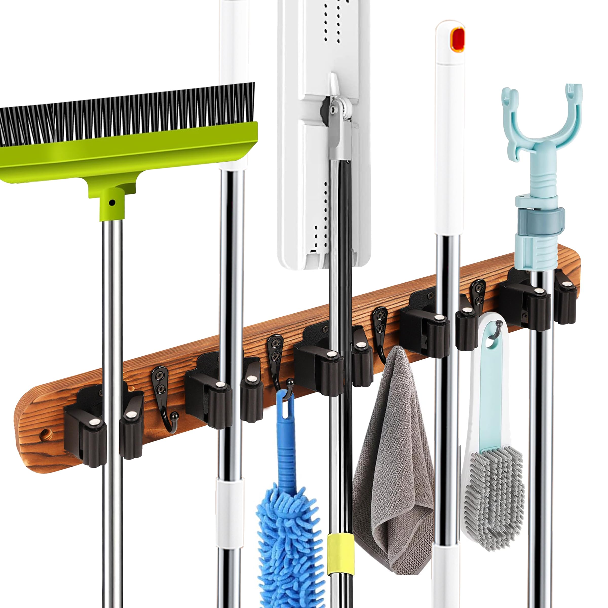 ZHABAYEN Broom Holder Wall Mounted, Broom Storage with 5 Holders & 4 Hooks