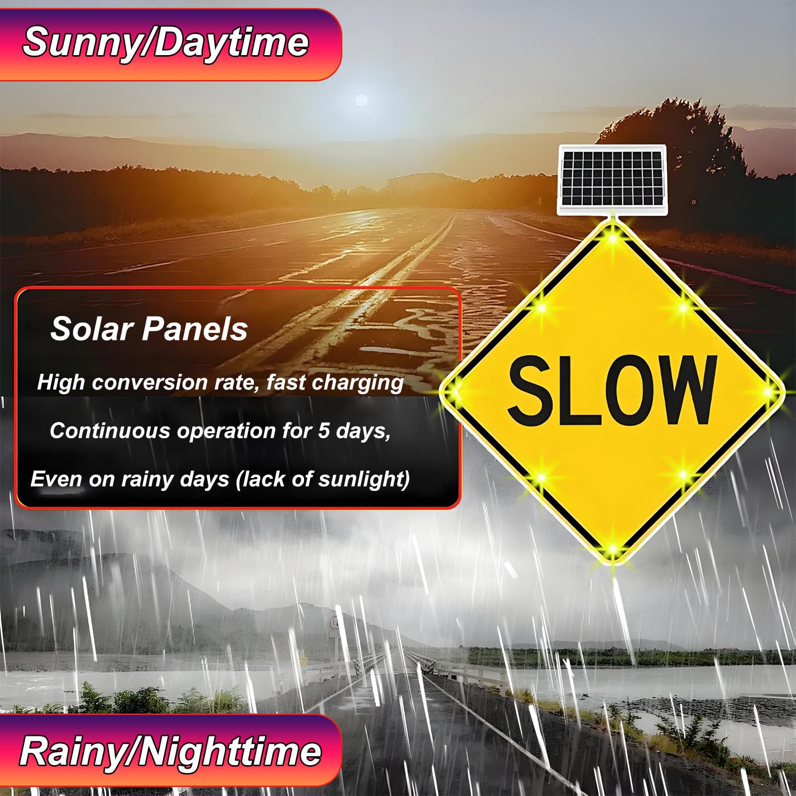 Señal de Advertencia de Velocidad Lenta de 24" con energía Solar, para Seguridad Vial en Exteriores, Ideal para entradas de vehículos, Calles residenciales y vecindarios.