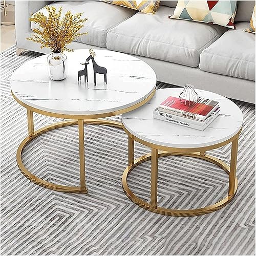 Miniatura 8 de Mesa - Juego de 2 mesas de centro redondas con parte superior de mármol sintético, mesa auxiliar moderna d metal e esquina anidable mesa de cóctel