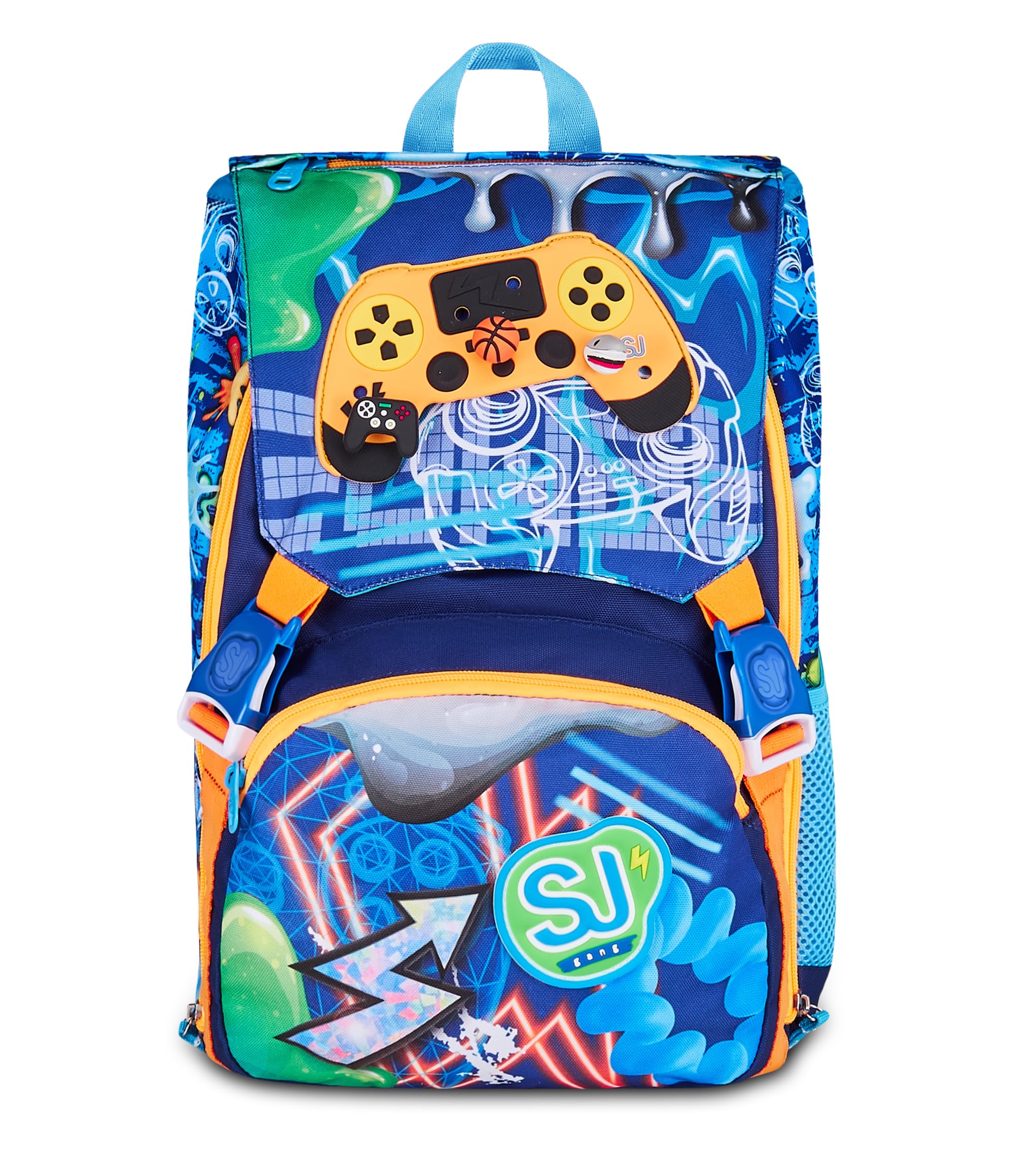SJ GANG STYLE JAM GANG Zaino Scuola Estensibile JOYFUL PINS BOY, Blu, 24L, Zip Laterali, Inserto controller in gomma e pins amovibili, Tasca frontale, Tasca portaborraccia, Scuola elementare, Bambino