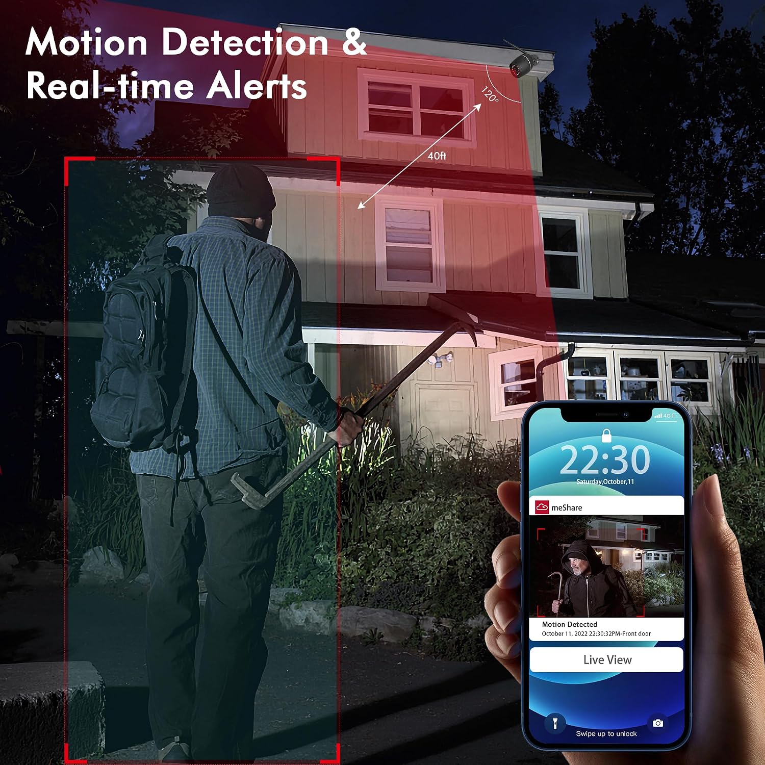 Smartphone displaying a motion detection alert from the GOAOFOEOI security camera, showing a person in a monitored area at night.
